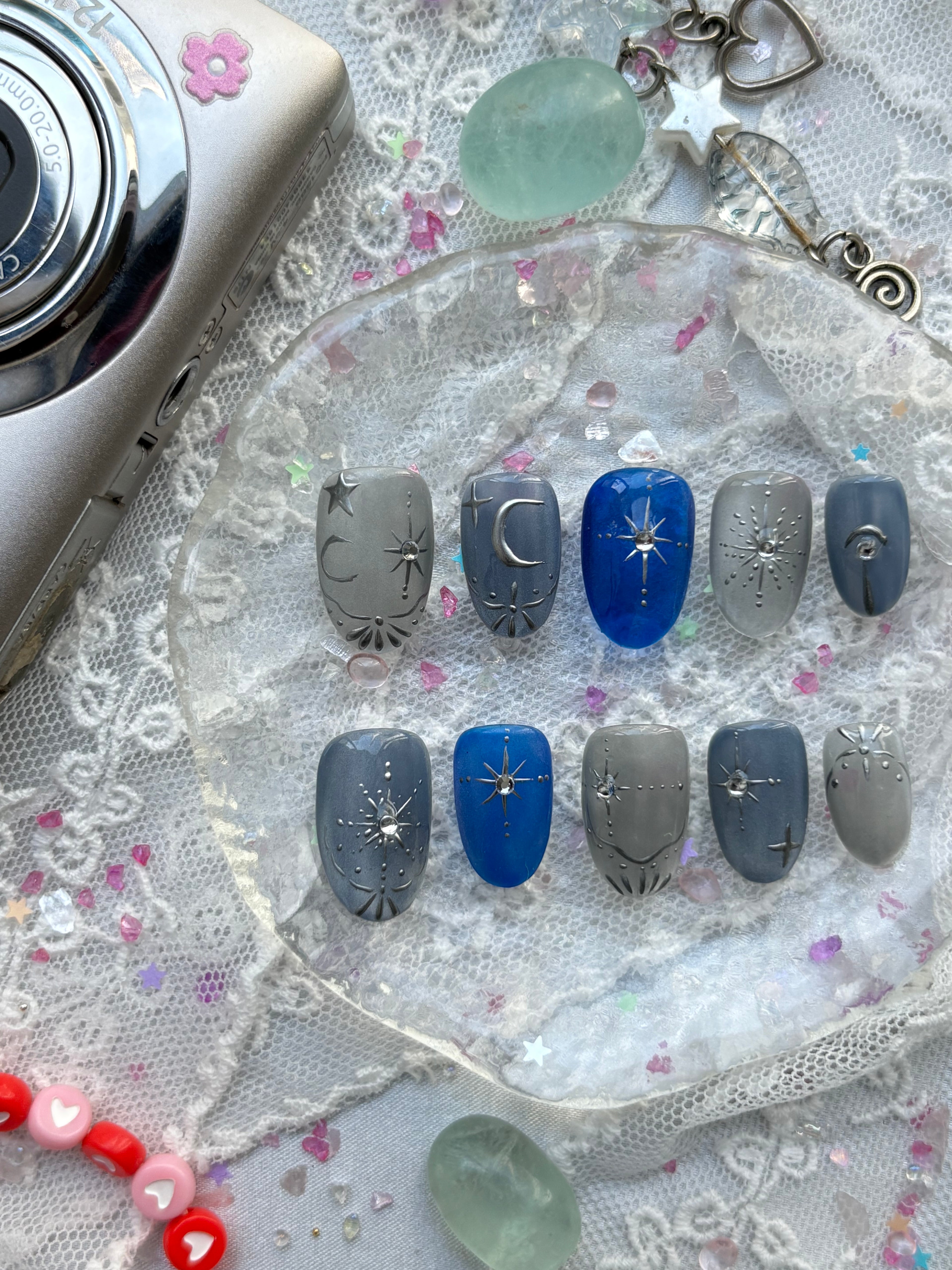Custom Press-On Nails – Cat Eye Galaxy Blue Ombre with Moon & Star Design