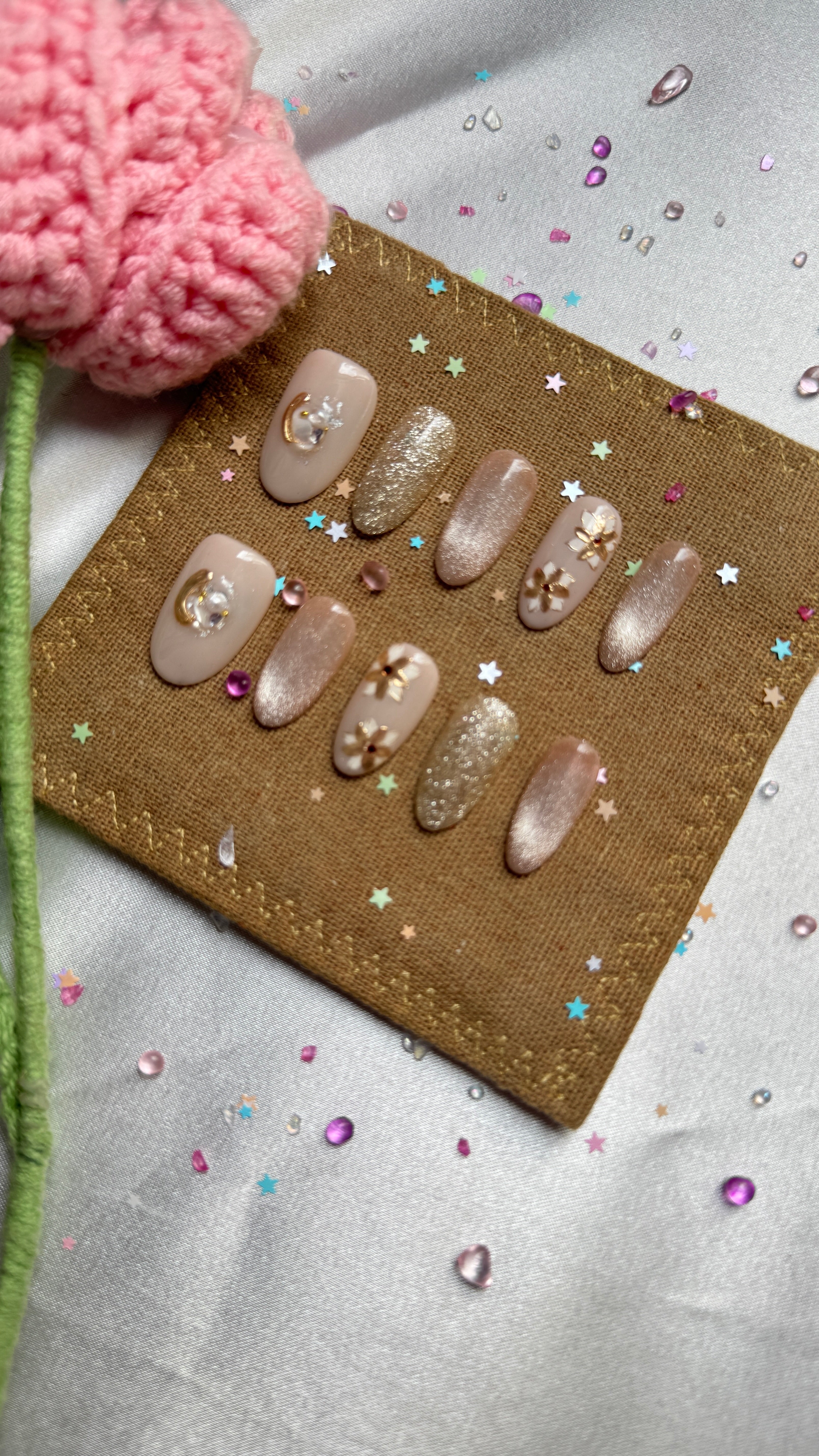 Custom Press-On Nails – Nude Beige with Gold Glitter & 3D Floral Accents | Wynzy Pops Nails
