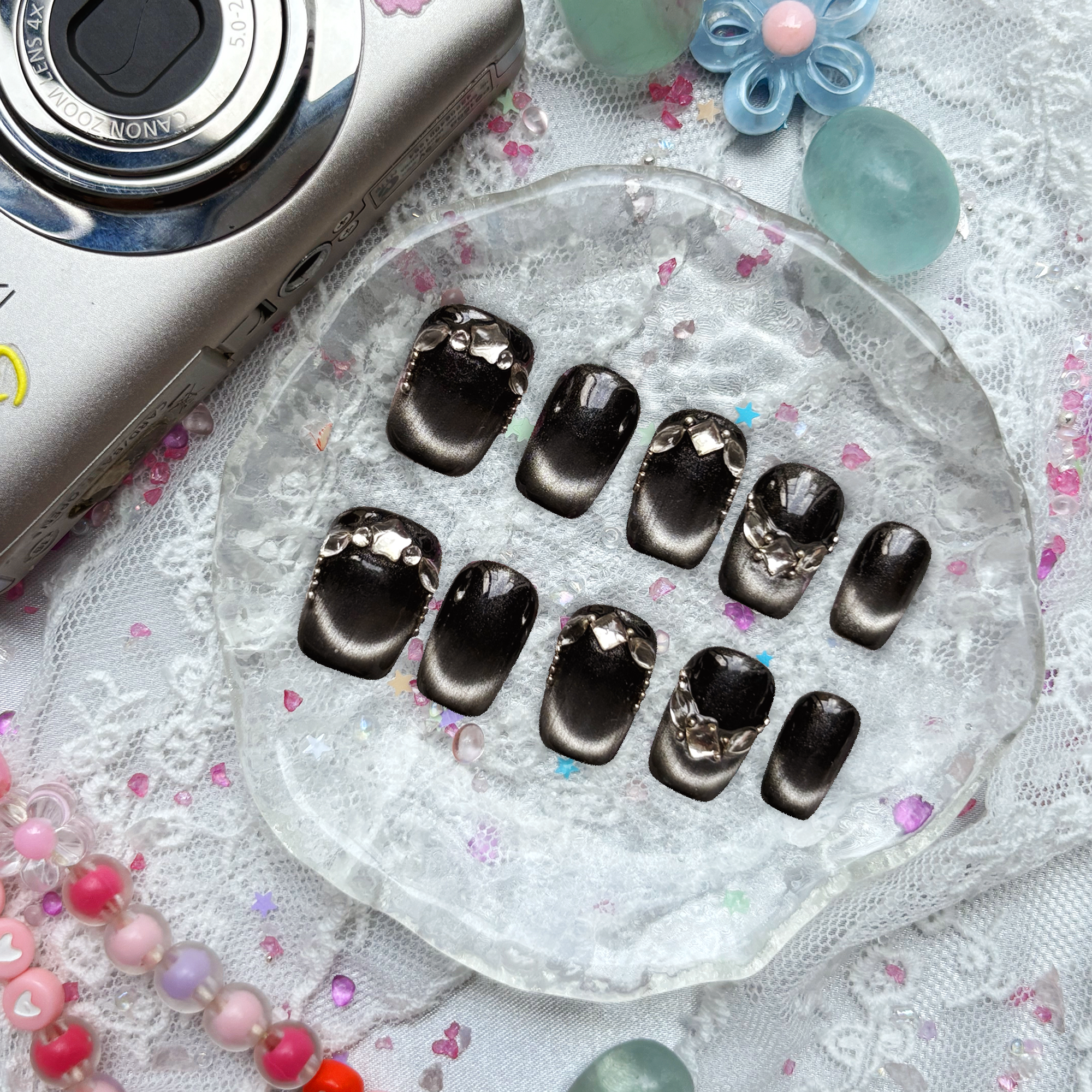 Press-On Nails – Gothic Black Cat Eye with 3D Silver Charms | Custom Dark Nail Art | Wynzy Pops Nails