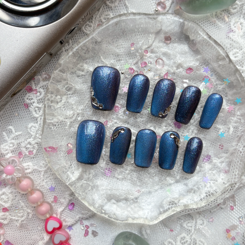 Custom Blue Holographic Press-On Nails | Glitter Shine with Rhinestone Accents | Wynzy Pops Nails