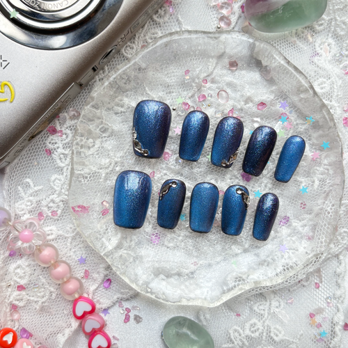 Custom Blue Holographic Press-On Nails | Glitter Shine with Rhinestone Accents | Wynzy Pops Nails