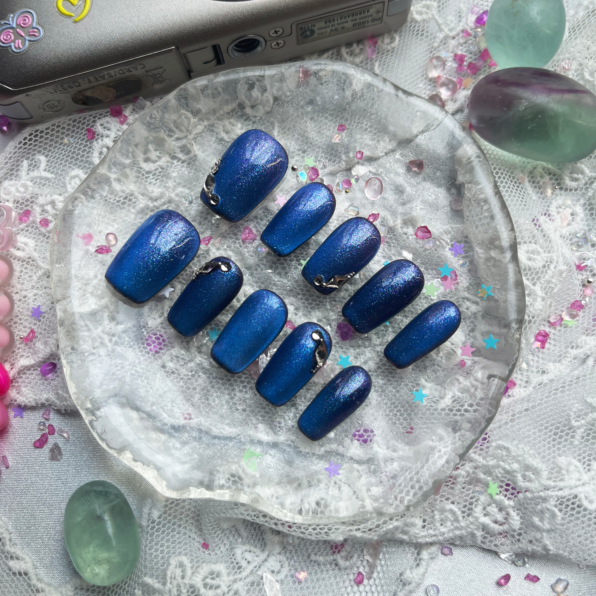 Custom Blue Holographic Press-On Nails | Glitter Shine with Rhinestone Accents | Wynzy Pops Nails