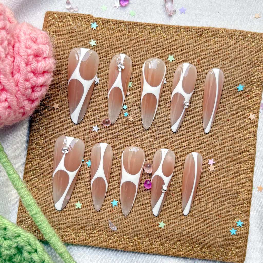 Custom Long Almond Press On Nails | Retro Geometric Brown & White Swirl | Minimalist Y2K Nails with Rhinestone Accents