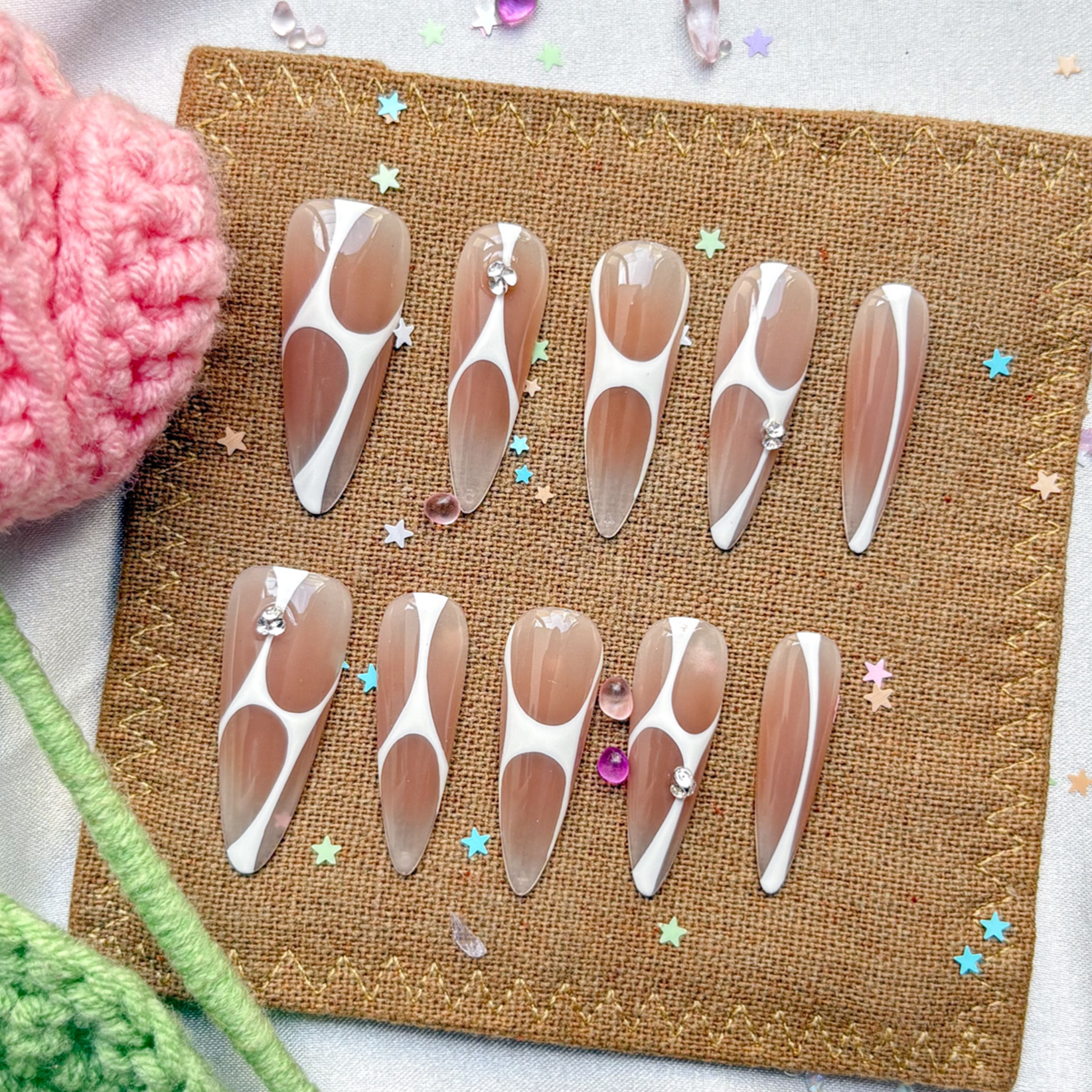 Custom Long Almond Press On Nails | Retro Geometric Brown & White Swirl | Minimalist Y2K Nails with Rhinestone Accents