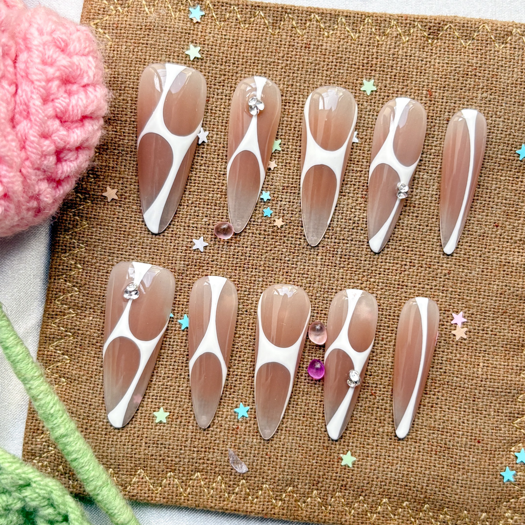 Custom Long Almond Press On Nails | Retro Geometric Brown & White Swirl | Minimalist Y2K Nails with Rhinestone Accents