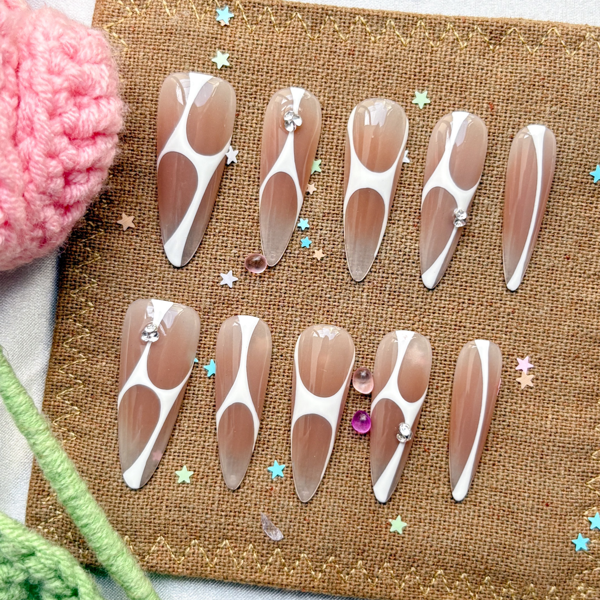 Custom Long Almond Press On Nails | Retro Geometric Brown & White Swirl | Minimalist Y2K Nails with Rhinestone Accents