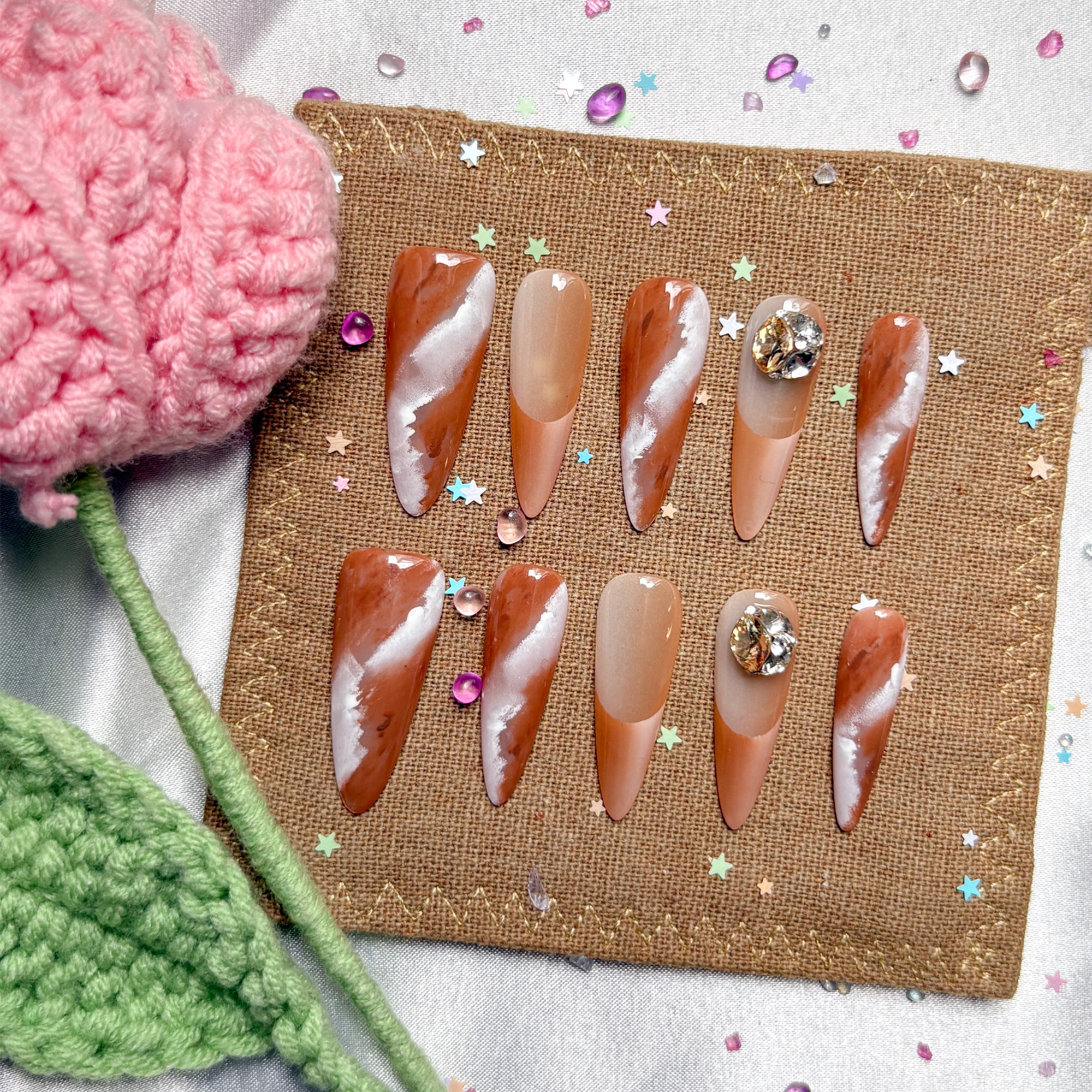 Fall Brown Rhinestone Press On Nails: Luxury Stiletto Nail Art | Wynzy Pops Nails