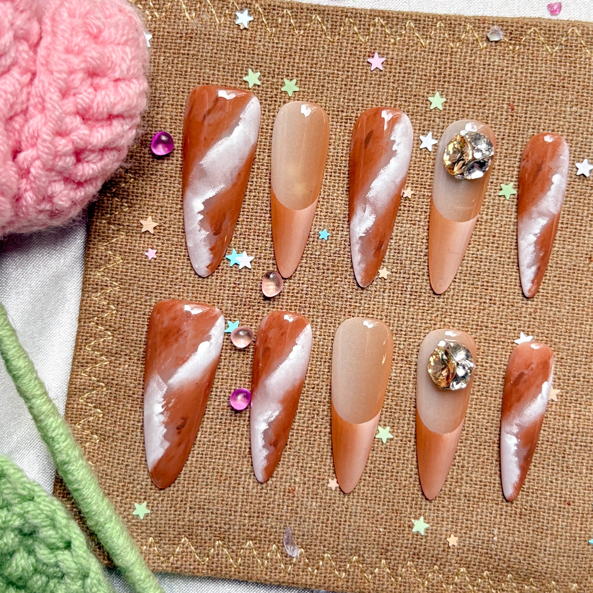 Fall Brown Rhinestone Press On Nails: Luxury Stiletto Nail Art | Wynzy Pops Nails