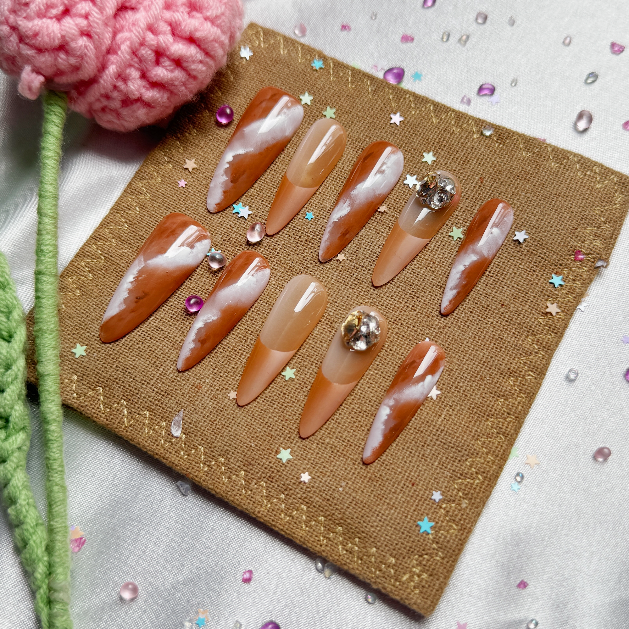 Fall Brown Rhinestone Press On Nails: Luxury Stiletto Nail Art | Wynzy Pops Nails