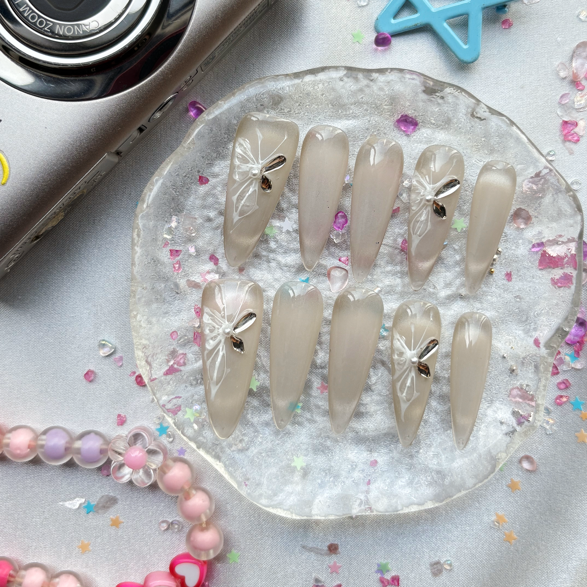 Custom Press-On Nails – Personalized Ombre Rhinestone Butterfly Long Stiletto Nail Art | Wynzy Pops Nails