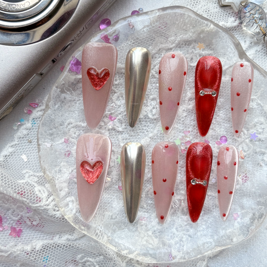 Personalized Valentine Press On Nails – Pink & Red Chrome Stiletto Nail Art | Wynzy Pops Nails