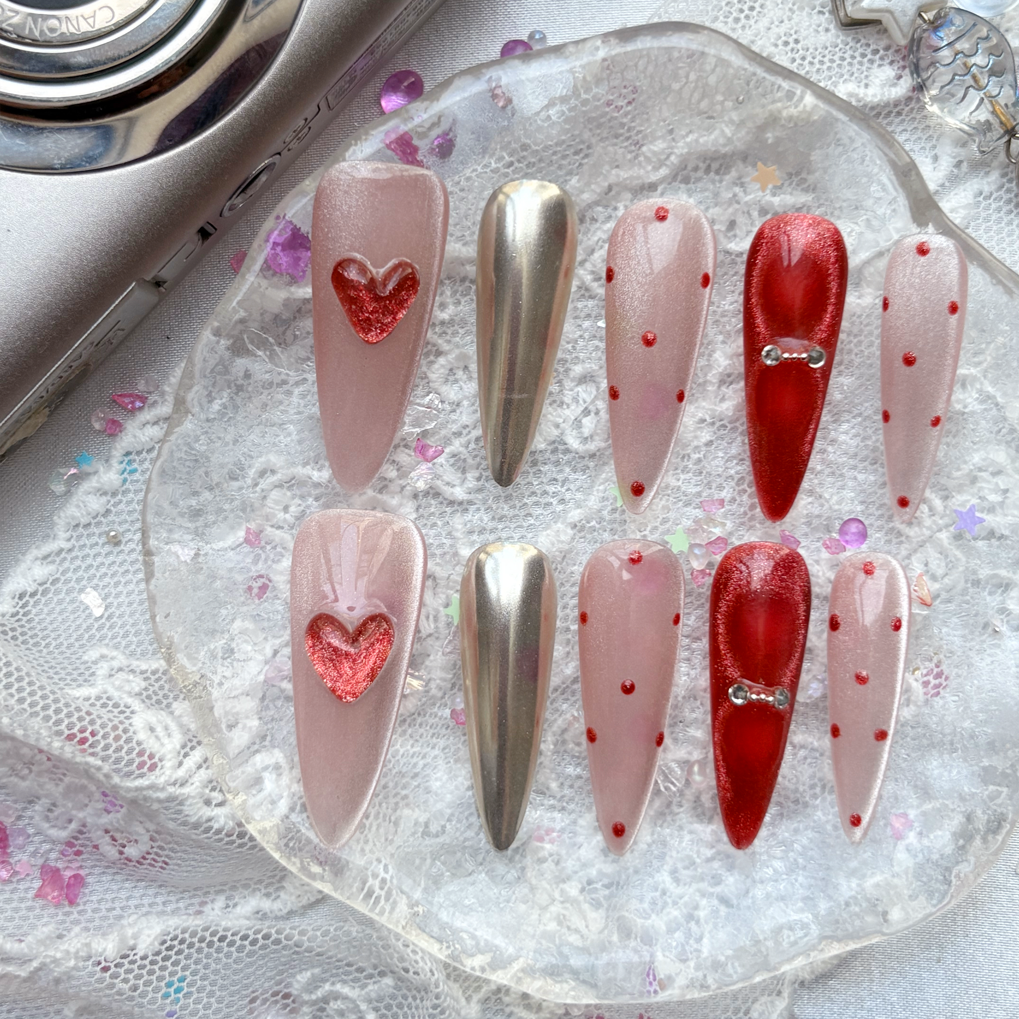 Personalized Valentine Press On Nails – Pink & Red Chrome Stiletto Nail Art | Wynzy Pops Nails