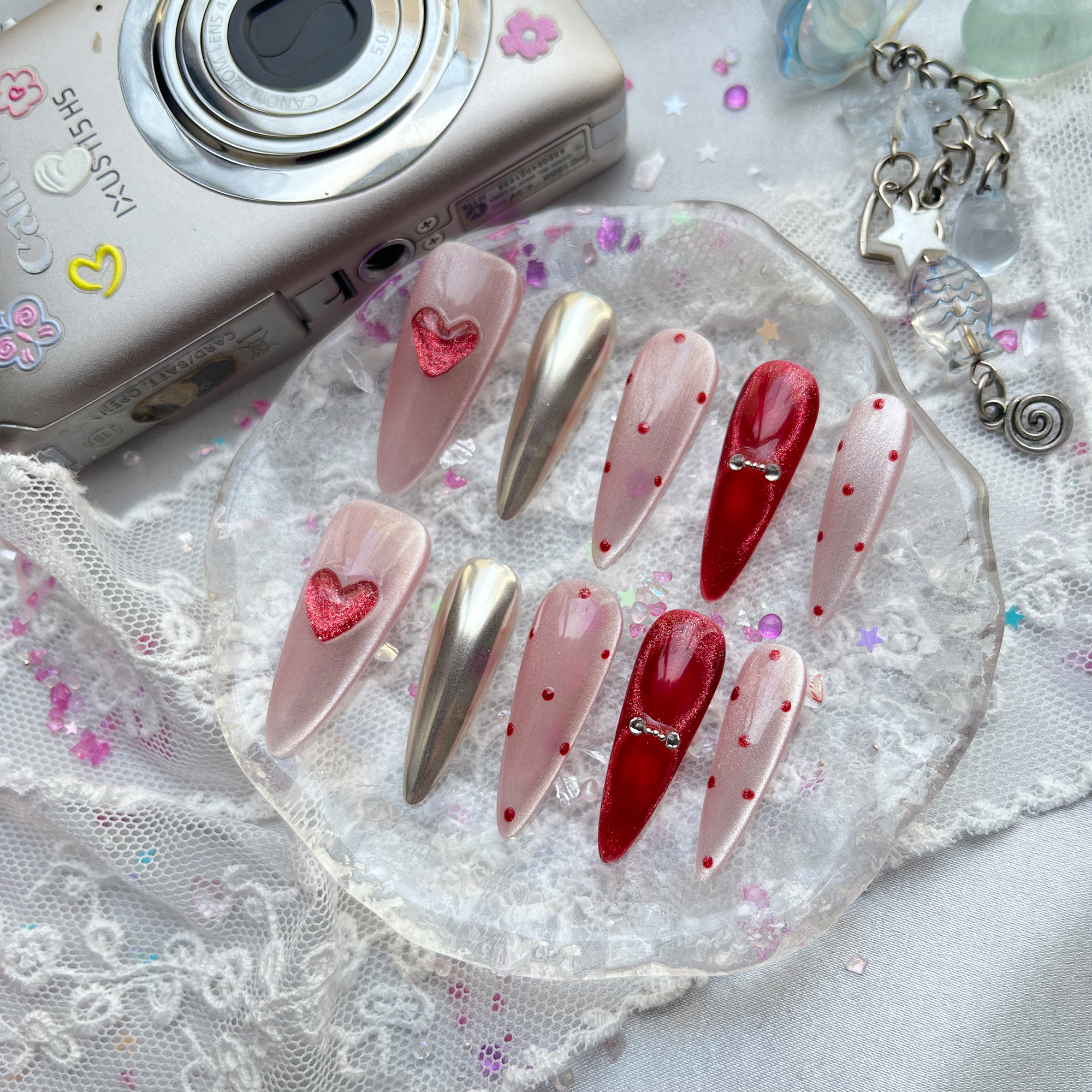 Personalized Valentine Press On Nails – Pink & Red Chrome Stiletto Nail Art | Wynzy Pops Nails