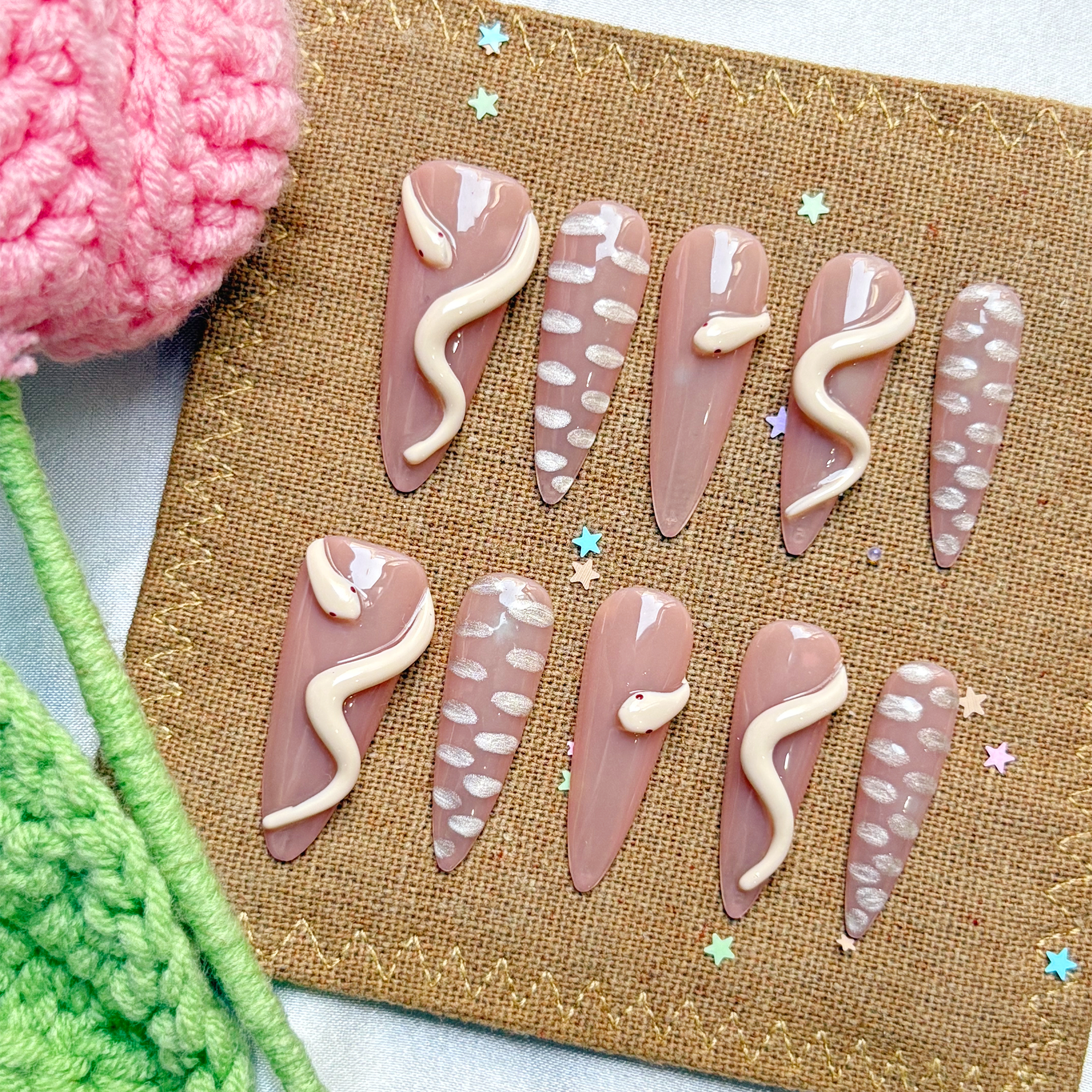 Custom Press-On Nails – 3D Snake Stiletto Nails with Nude Base | Personalized Halloween Nail Art | Wynzy Pops Nails