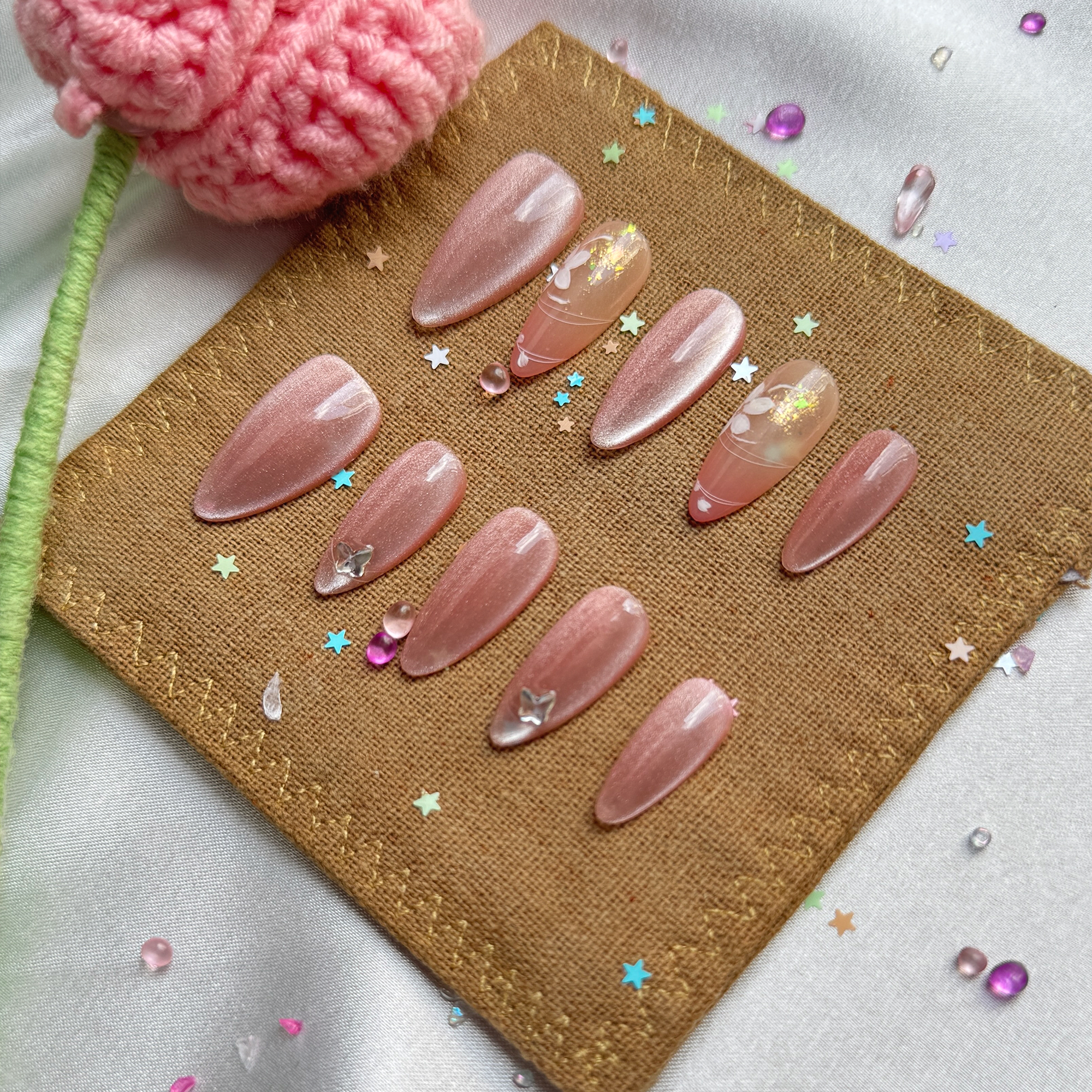 Personalized Shimmer Press On Nails: Long Almond Luxury Nail Art Set | Wynzy Pops Nails