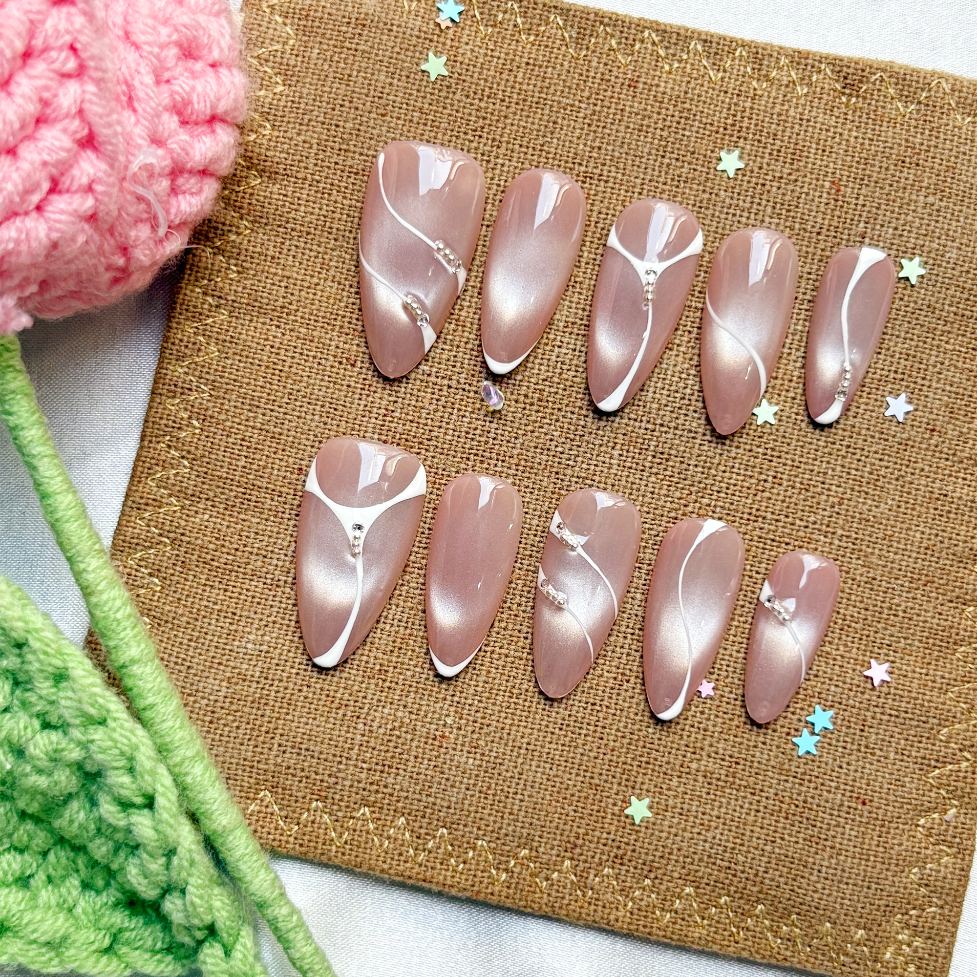 Personalized Press On Nails | Nude Cat Eye Nails | White Swirl Nails | Pearl Accent Nails | Elegant Minimalist Luxury Nail Art Set