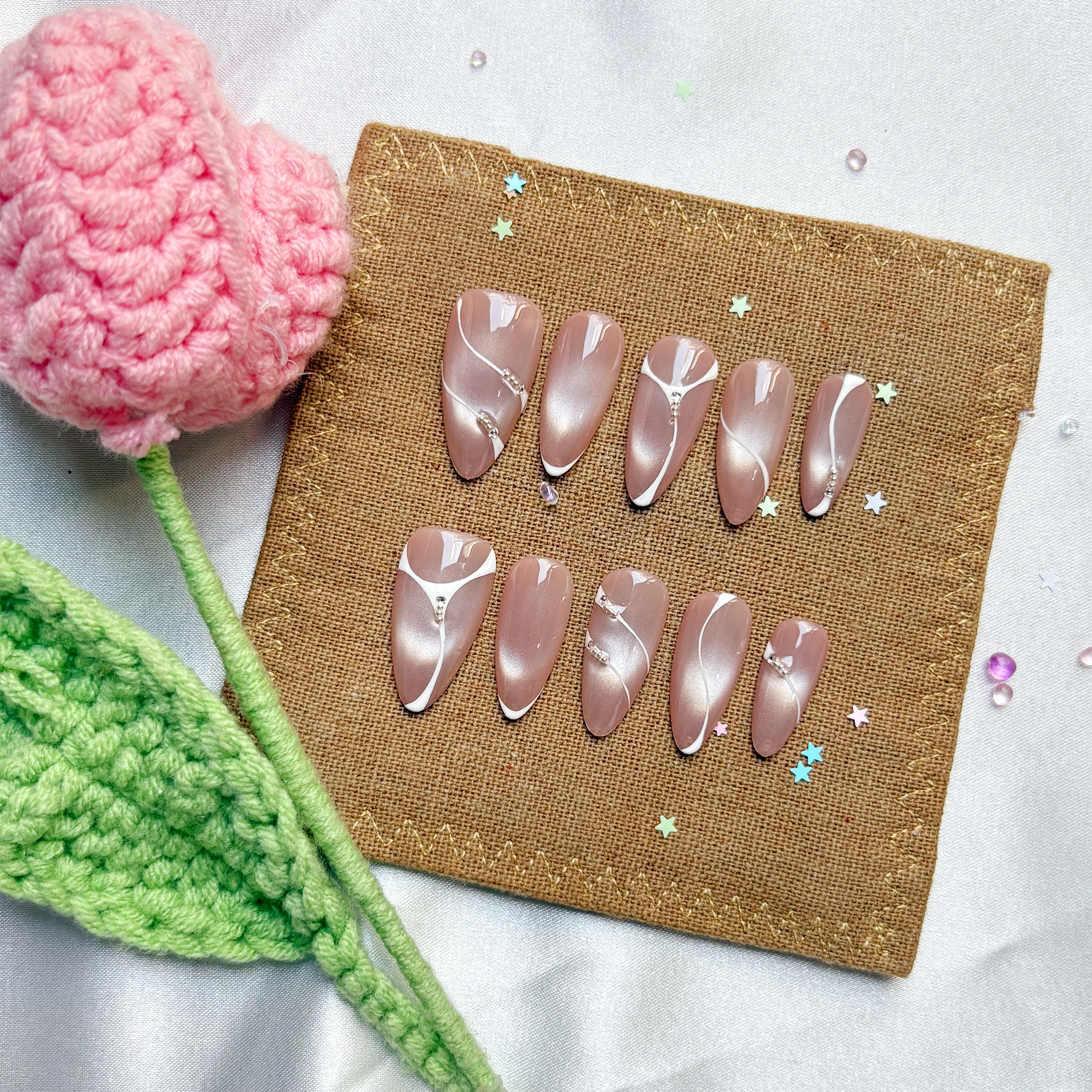 Personalized Press On Nails | Nude Cat Eye Nails | White Swirl Nails | Pearl Accent Nails | Elegant Minimalist Luxury Nail Art Set