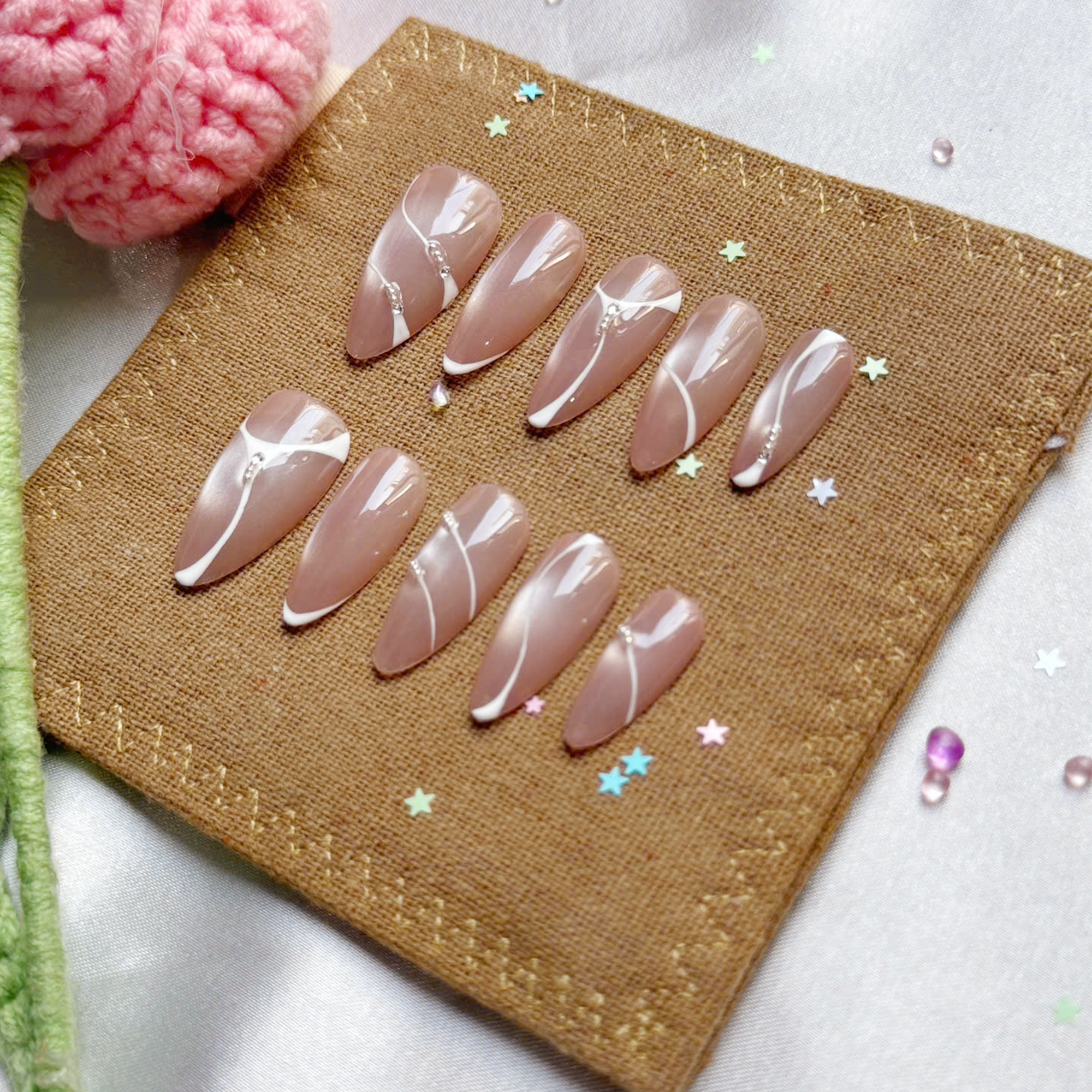 Personalized Press On Nails | Nude Cat Eye Nails | White Swirl Nails | Pearl Accent Nails | Elegant Minimalist Luxury Nail Art Set