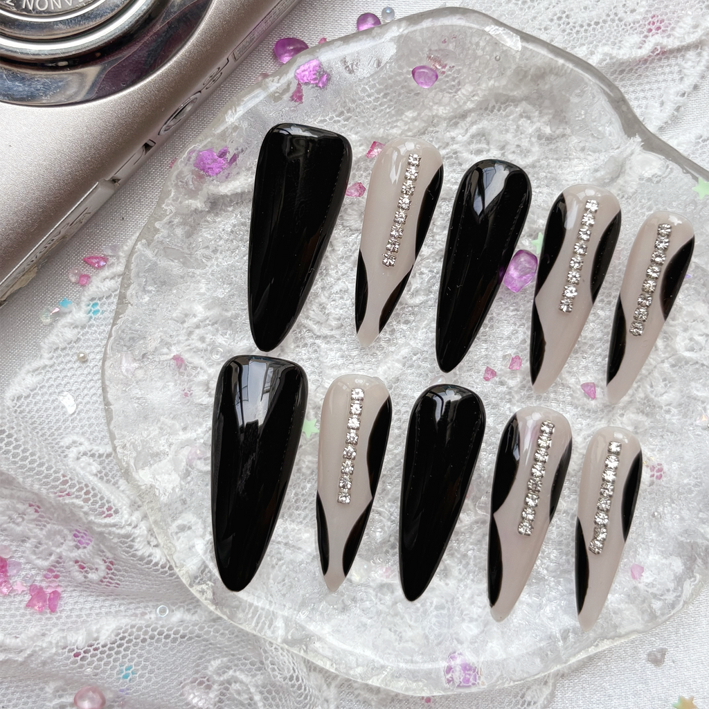 Custom Press-On Nails – Black & Gray Stiletto with Rhinestone Stripe | Bold Monochrome Nail Art | Wynzy Pops Nails