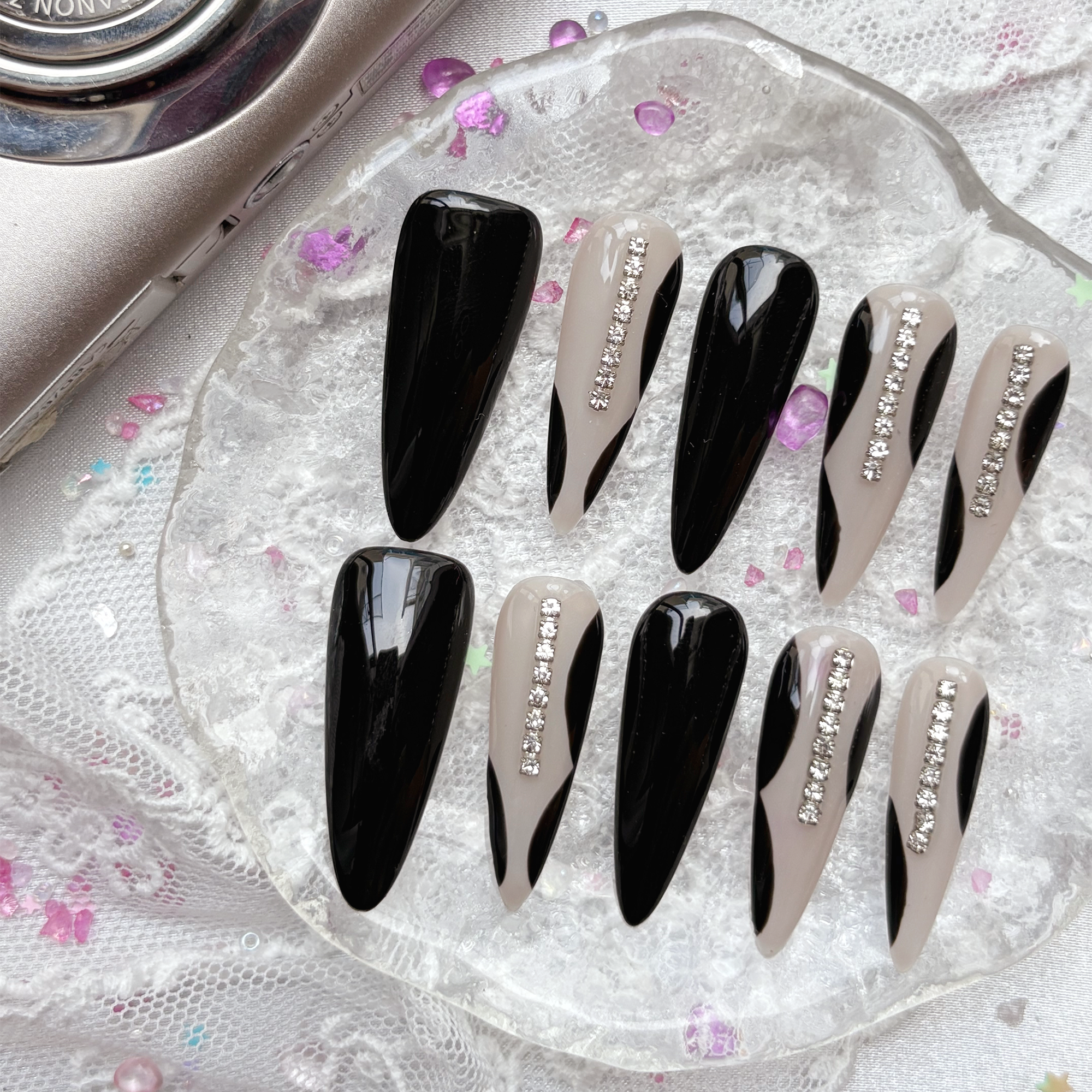Custom Press-On Nails – Black & Gray Stiletto with Rhinestone Stripe | Bold Monochrome Nail Art | Wynzy Pops Nails