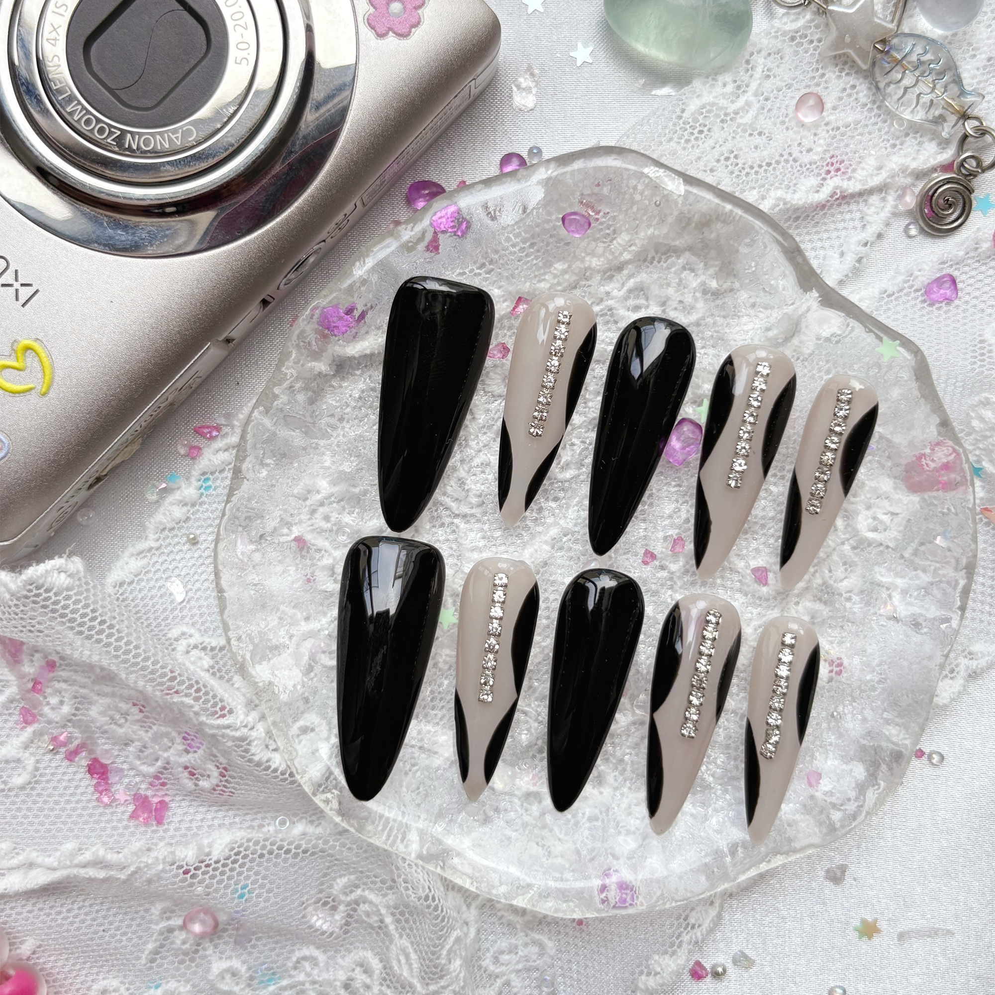 Custom Press-On Nails – Black & Gray Stiletto with Rhinestone Stripe | Bold Monochrome Nail Art | Wynzy Pops Nails