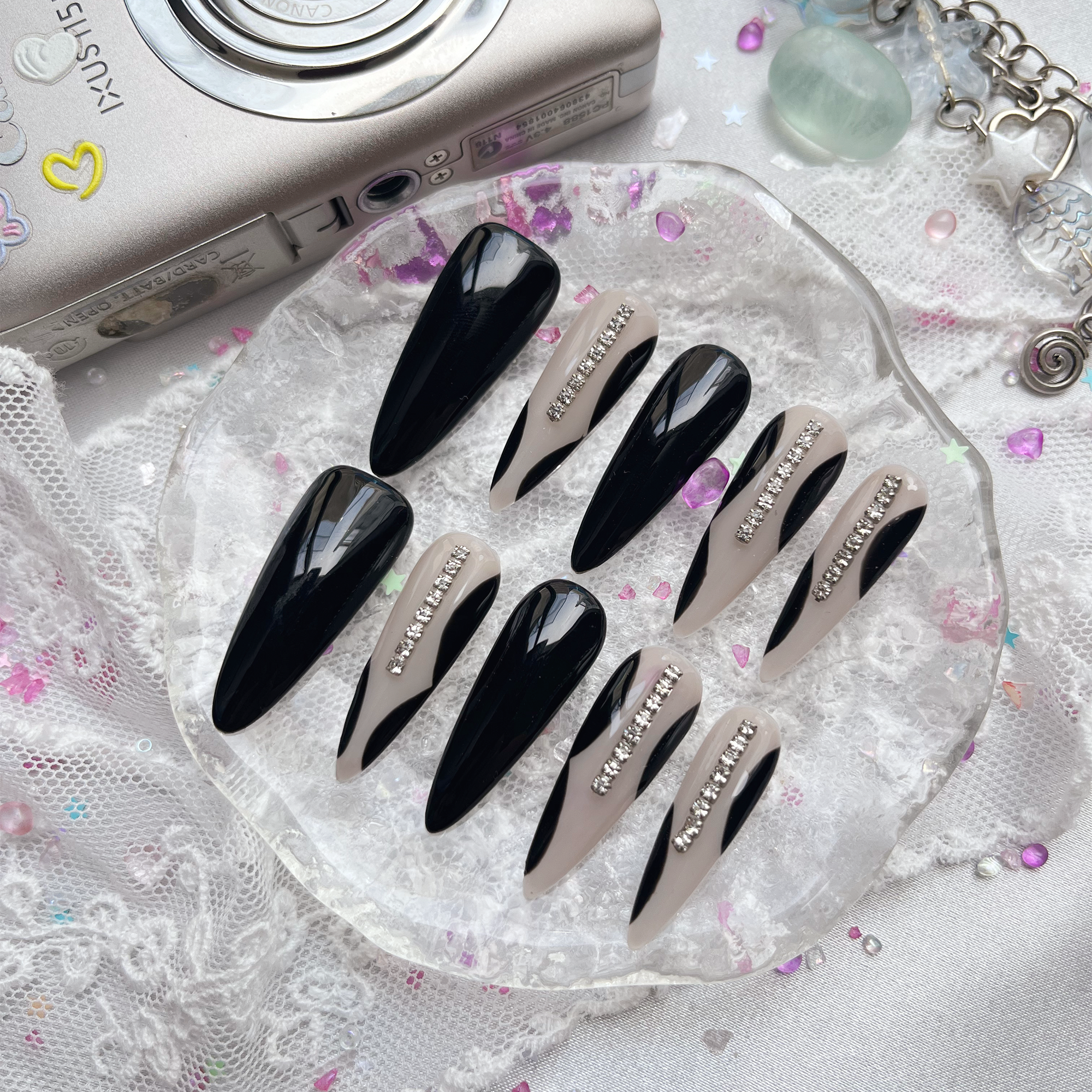 Custom Press-On Nails – Black & Gray Stiletto with Rhinestone Stripe | Bold Monochrome Nail Art | Wynzy Pops Nails