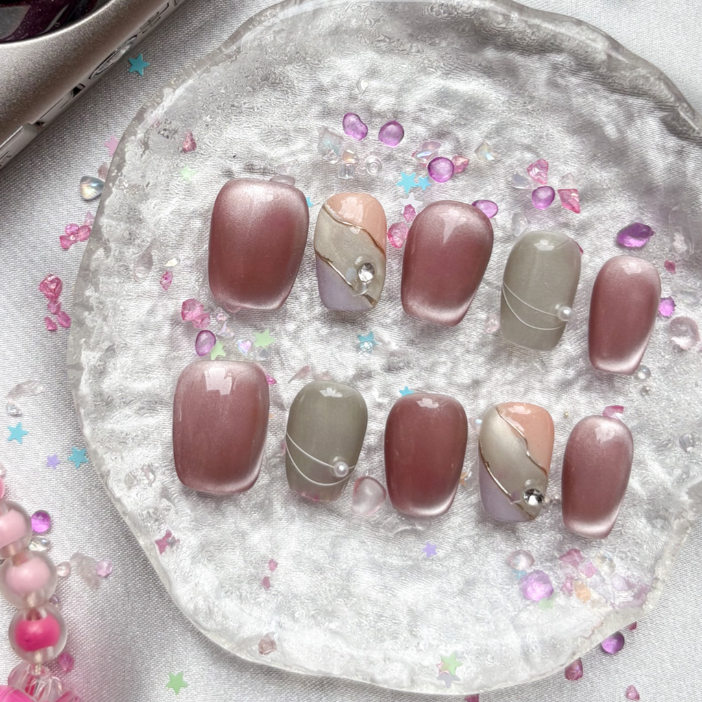 Custom Cat Eye Press On Nails | Pink-Brown Gradient | Pastel Green Accent | Pearl & Crystal Charms | Soft Glam Nail Art