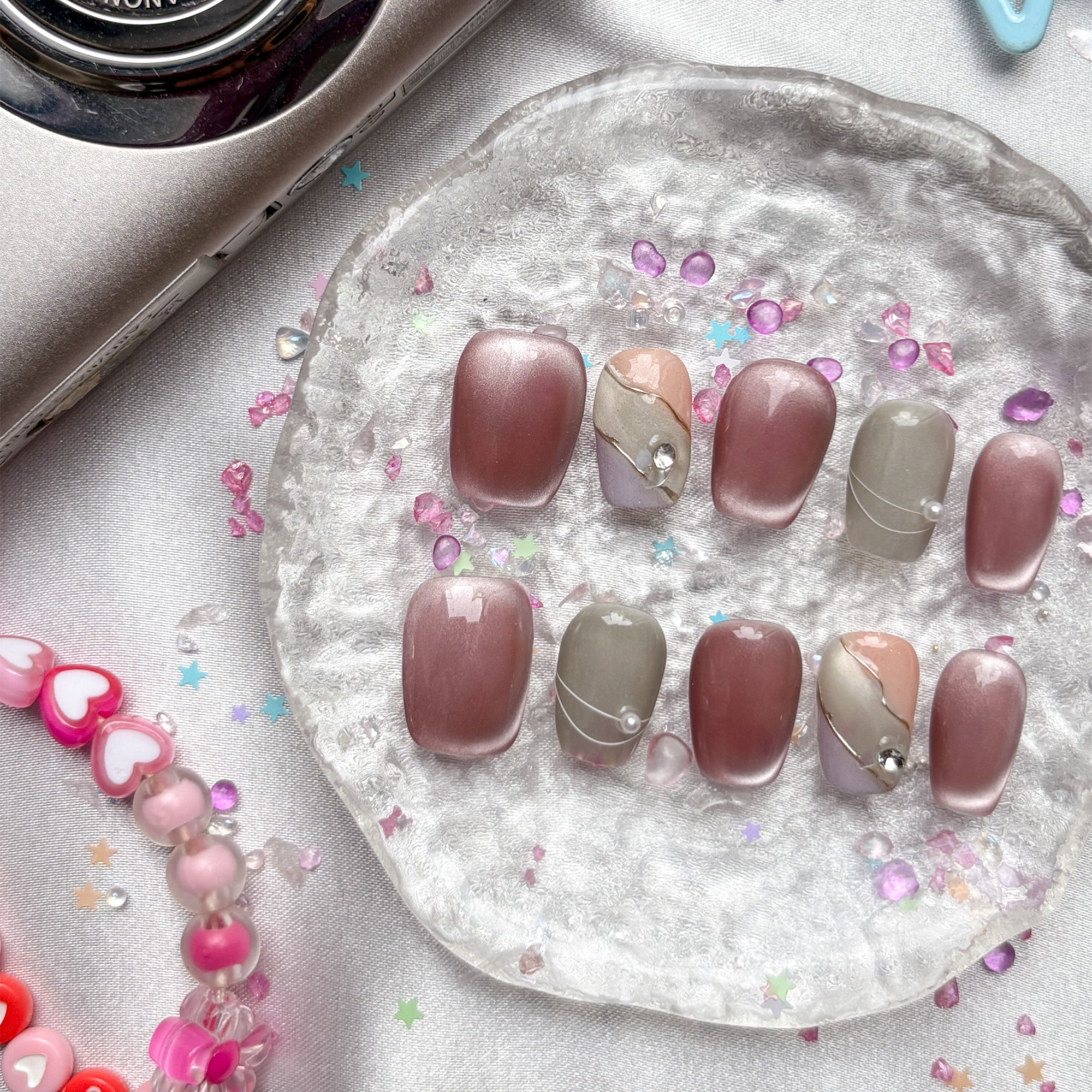 Custom Cat Eye Press On Nails | Pink-Brown Gradient | Pastel Green Accent | Pearl & Crystal Charms | Soft Glam Nail Art