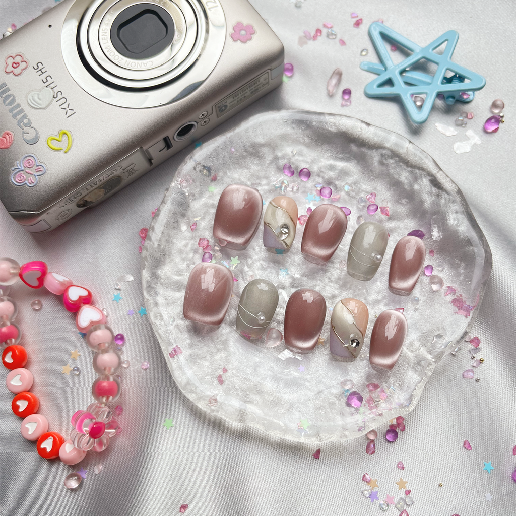 Custom Cat Eye Press On Nails | Pink-Brown Gradient | Pastel Green Accent | Pearl & Crystal Charms | Soft Glam Nail Art
