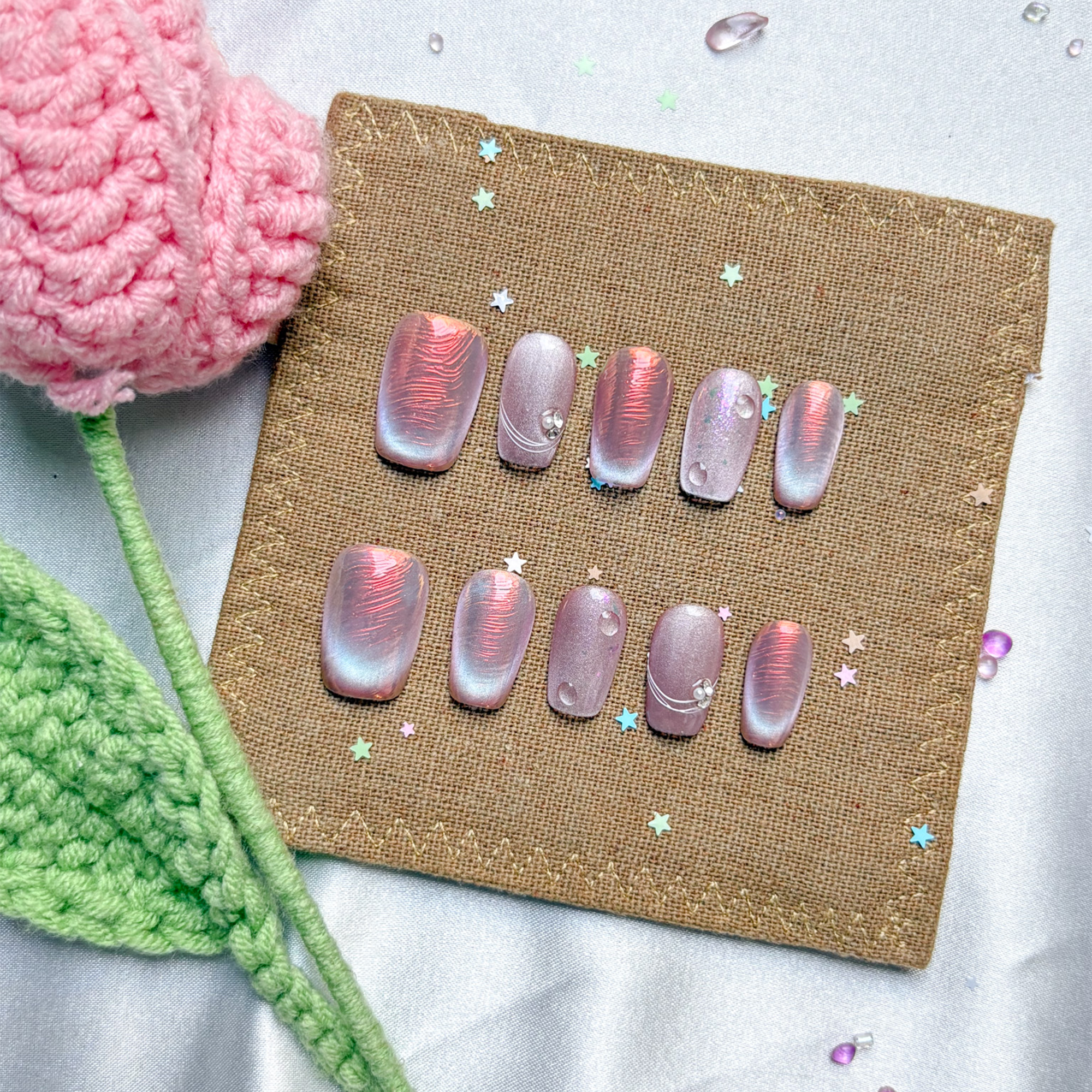 Custom Press-On Nails – Personalized Rainbow Holographic Cat Eye Nail Art Set | Wynzy Pops Nails