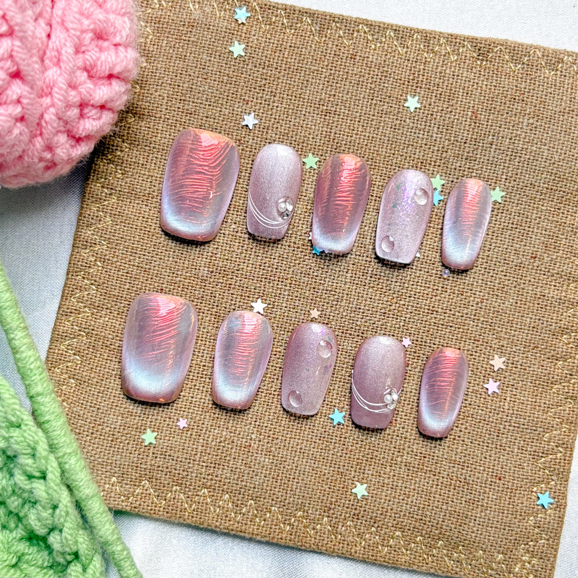 Custom Press-On Nails – Personalized Rainbow Holographic Cat Eye Nail Art Set | Wynzy Pops Nails