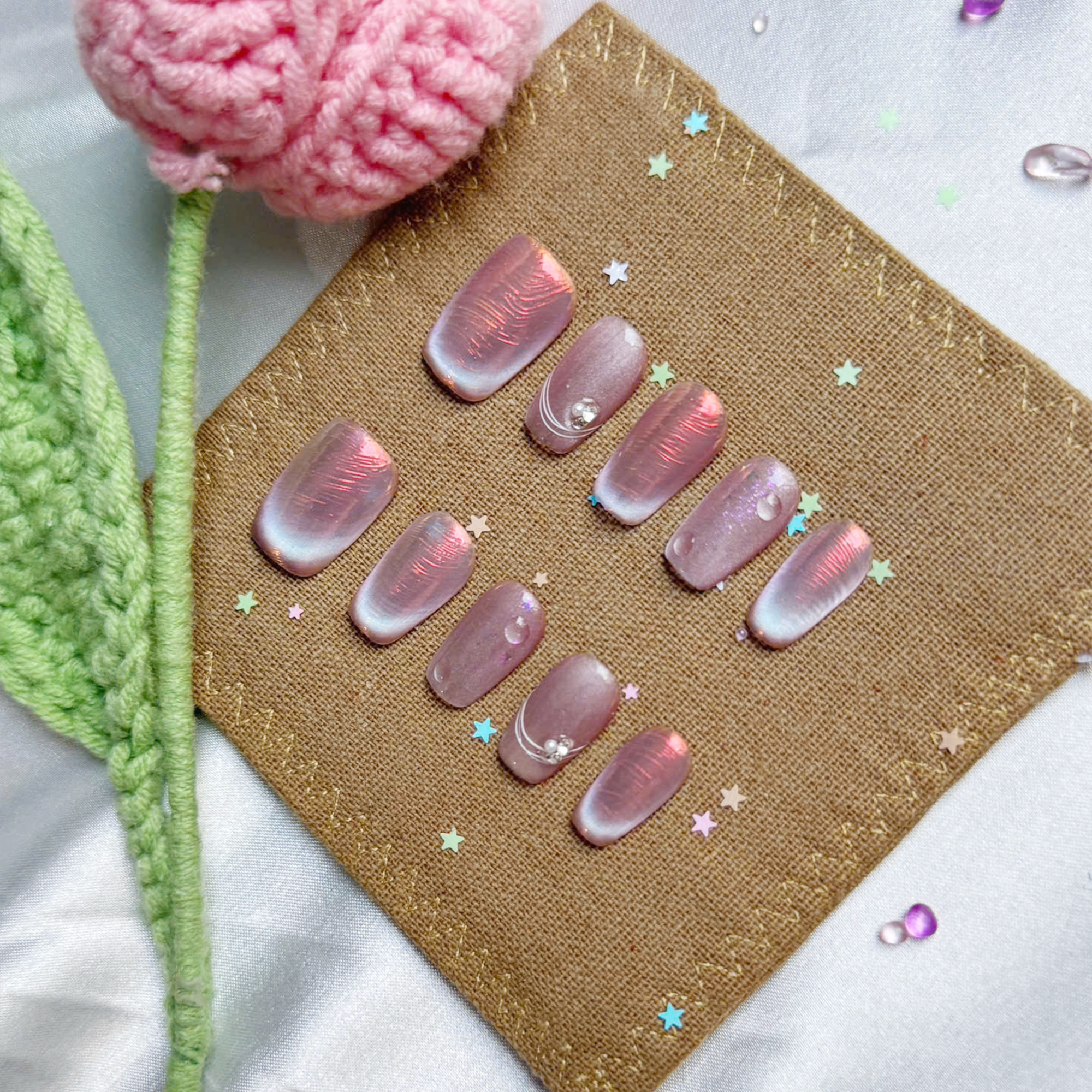 Custom Press-On Nails – Personalized Rainbow Holographic Cat Eye Nail Art Set | Wynzy Pops Nails