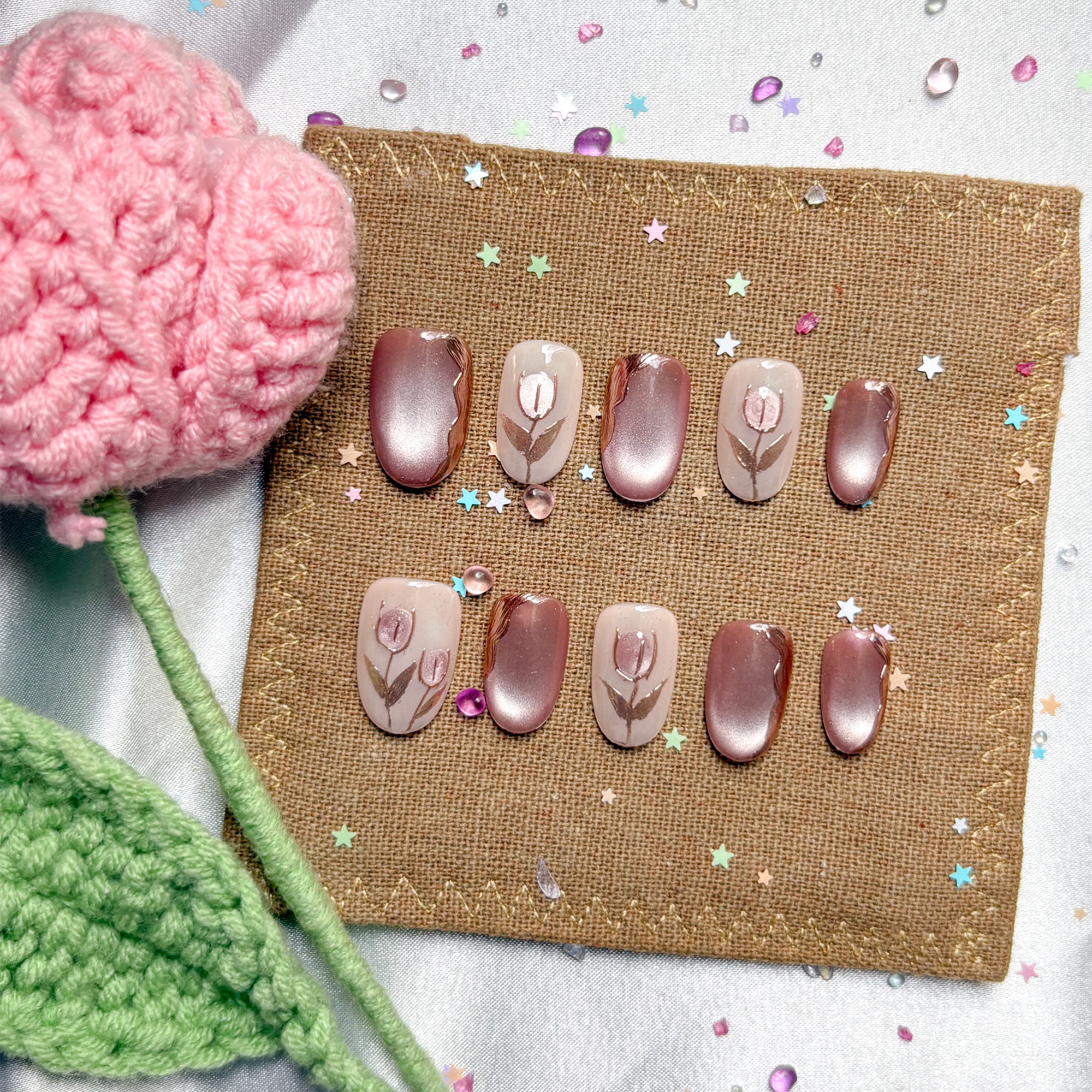 Custom Press-On Nails – Nude Taupe with Gold Foil & Tulip Art in Squoval Shape | Wynzy Pops Nails