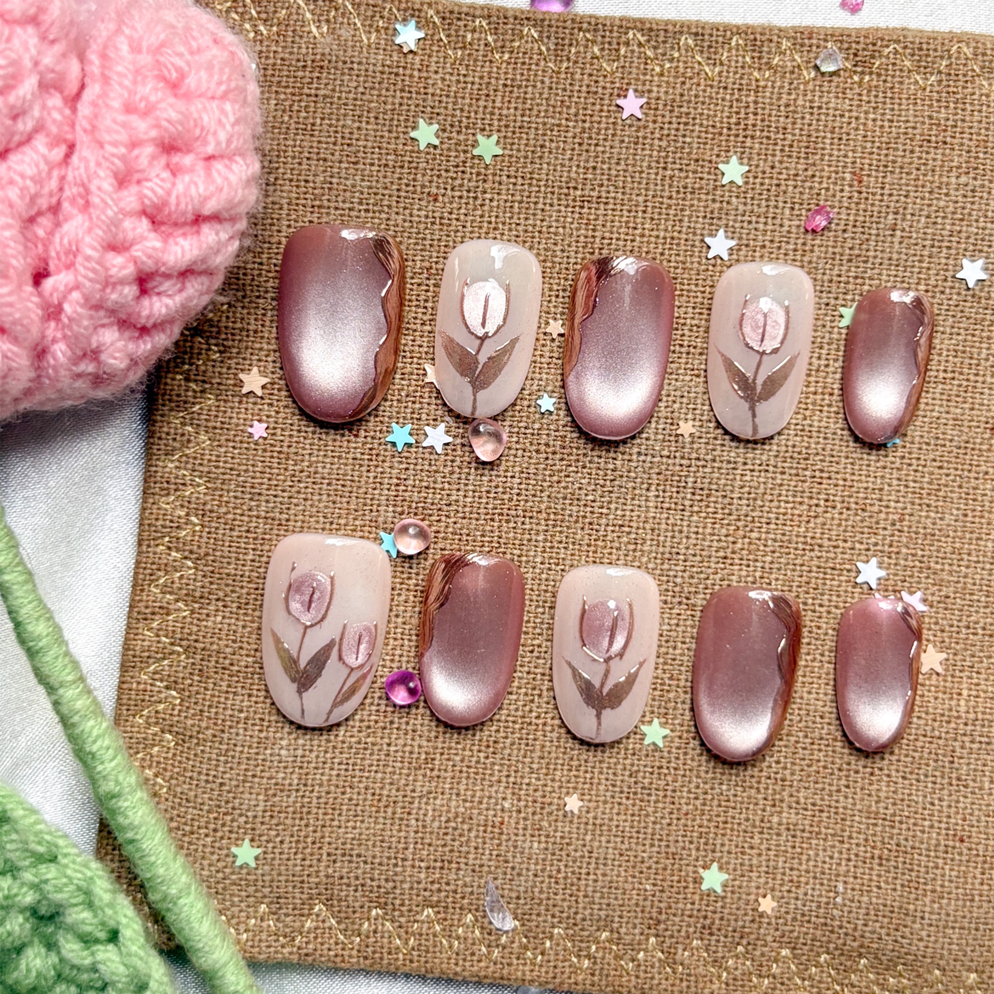 Custom Press-On Nails – Nude Taupe with Gold Foil & Tulip Art in Squoval Shape | Wynzy Pops Nails