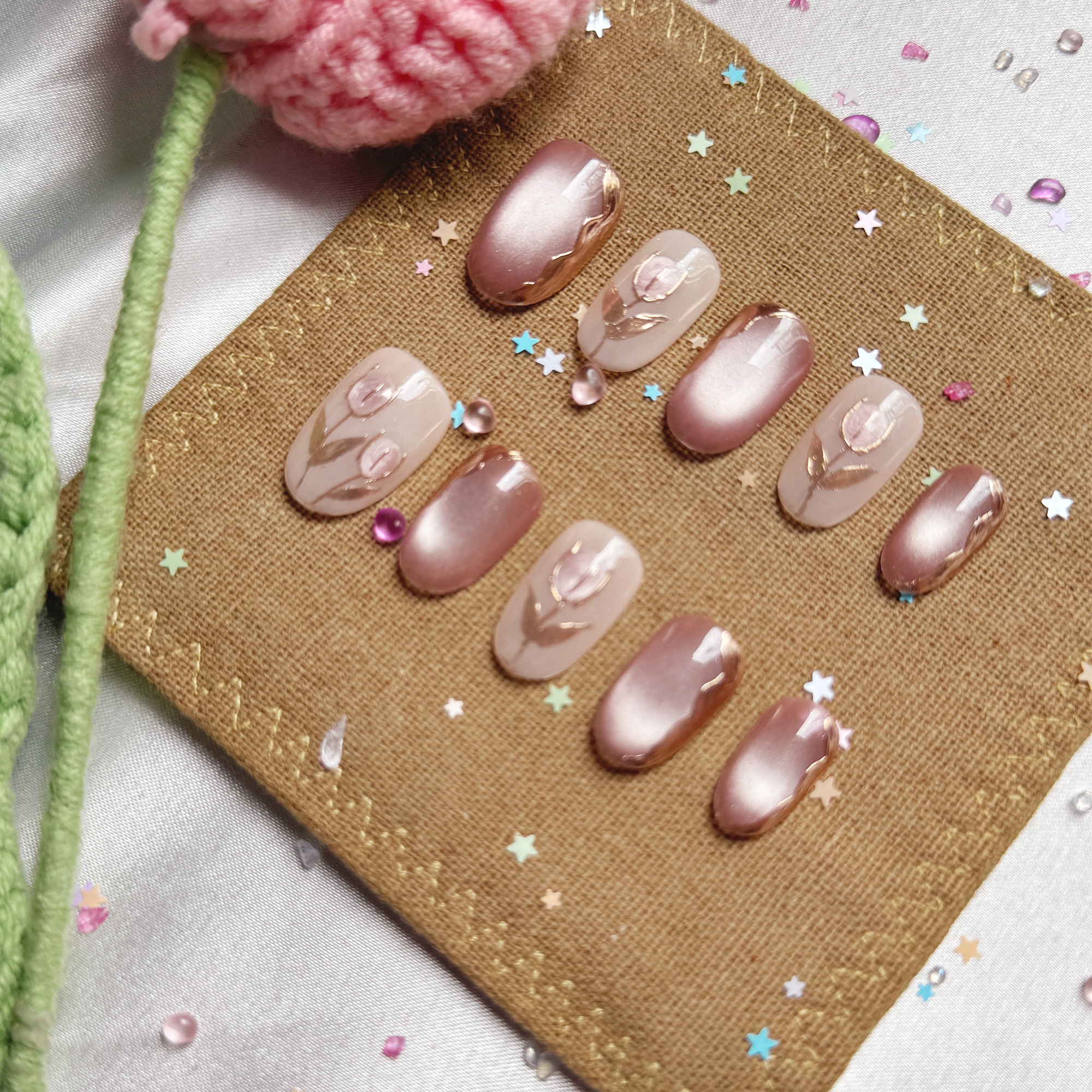 Custom Press-On Nails – Nude Taupe with Gold Foil & Tulip Art in Squoval Shape | Wynzy Pops Nails