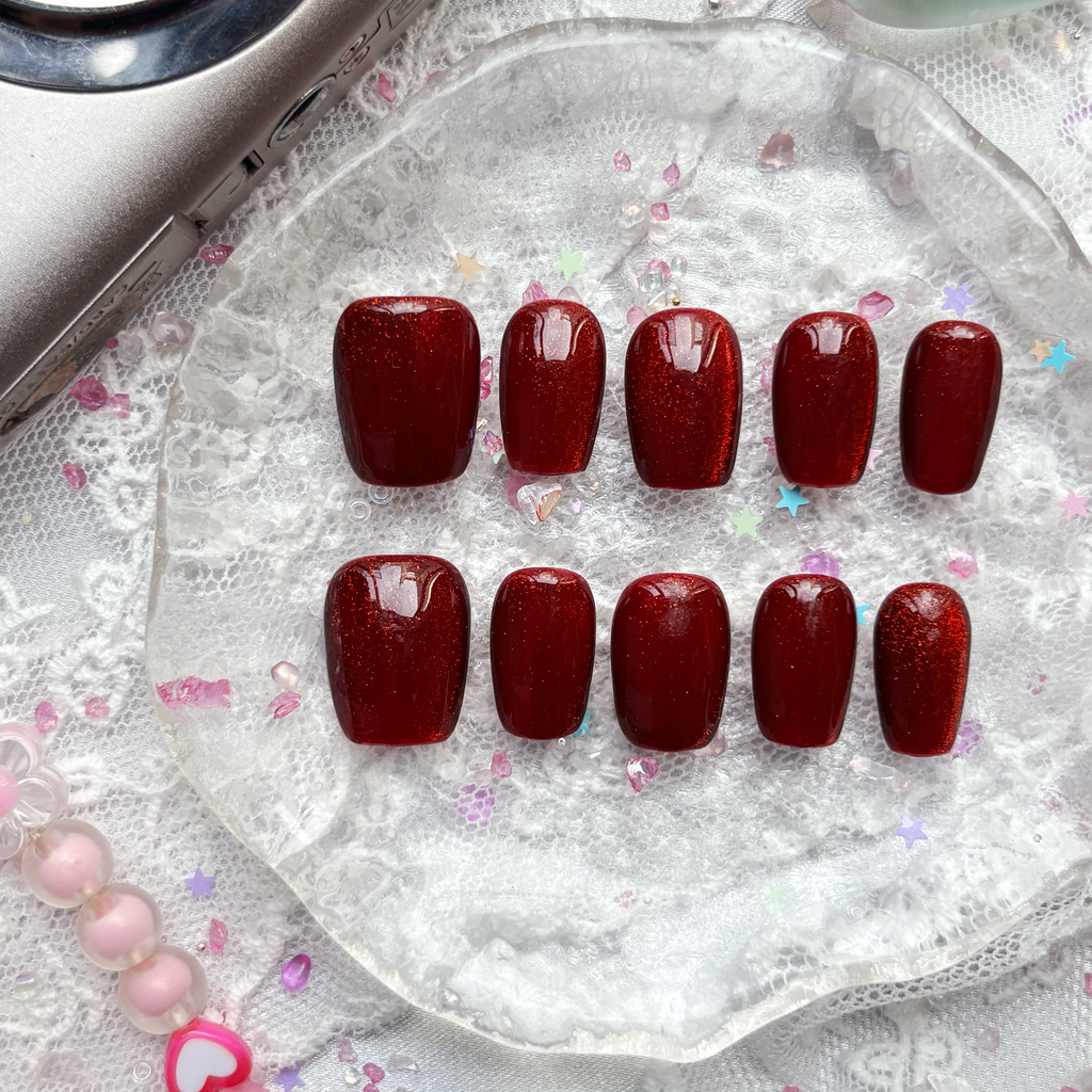 Red Glitter Goth Custom Press On Nails – Short Square Luxury Nail Art Set | Wynzy Pops Nails