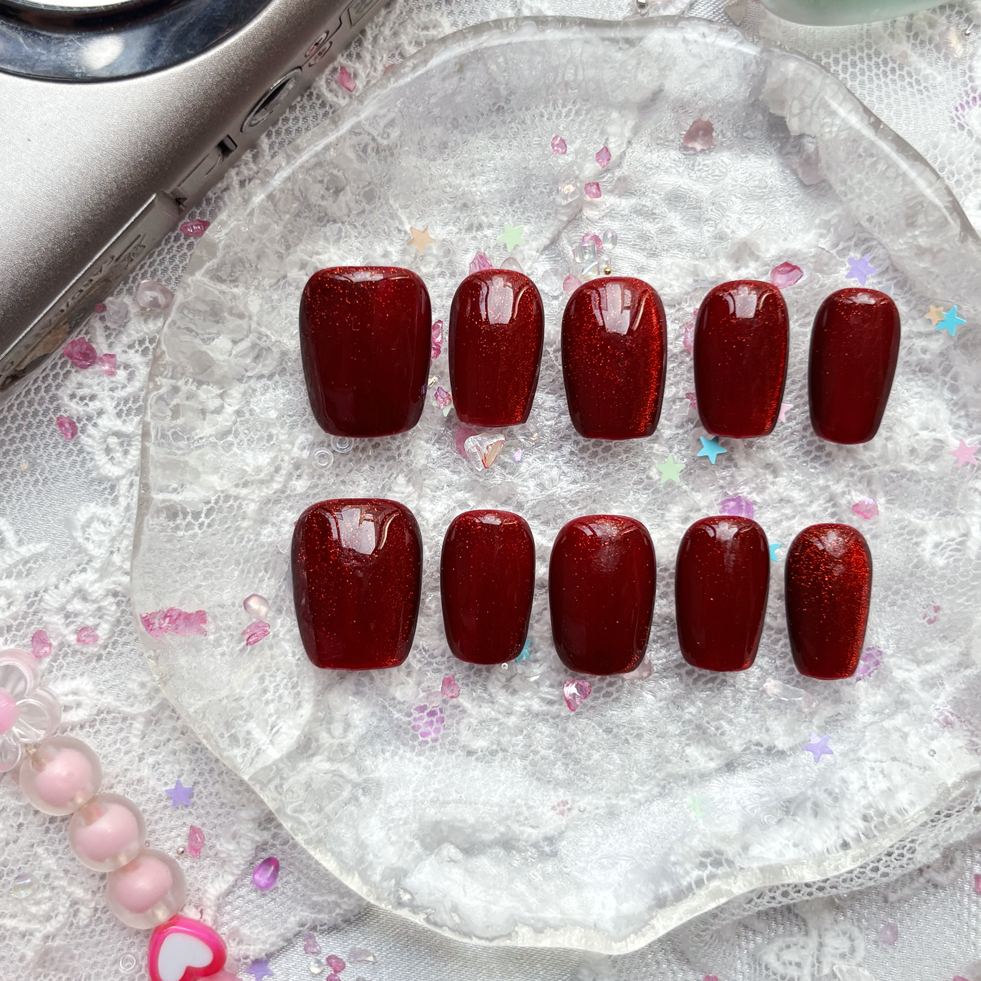 Red Glitter Goth Custom Press On Nails – Short Square Luxury Nail Art Set | Wynzy Pops Nails