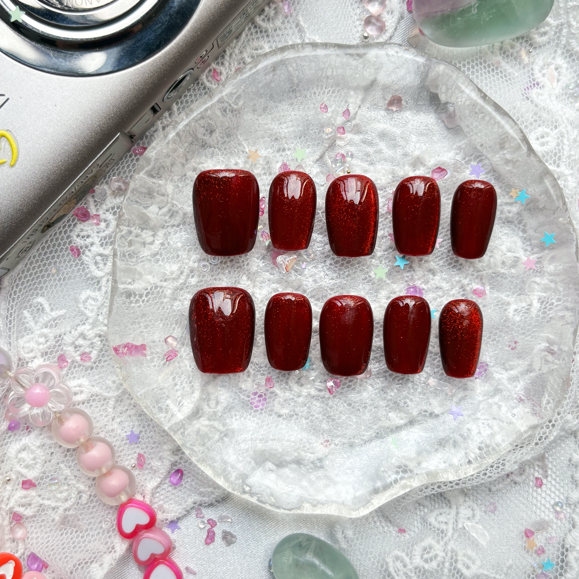Red Glitter Goth Custom Press On Nails – Short Square Luxury Nail Art Set | Wynzy Pops Nails