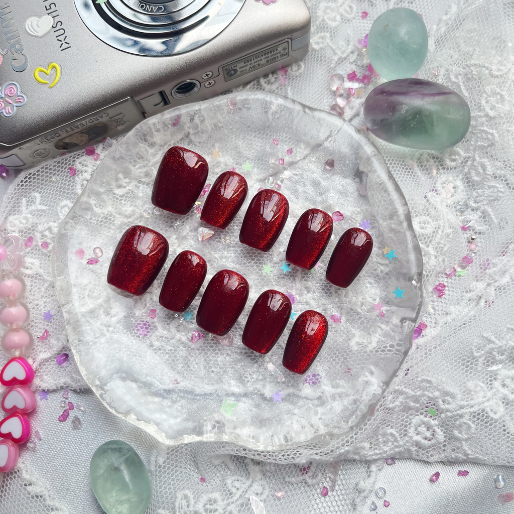 Red Glitter Goth Custom Press On Nails – Short Square Luxury Nail Art Set | Wynzy Pops Nails
