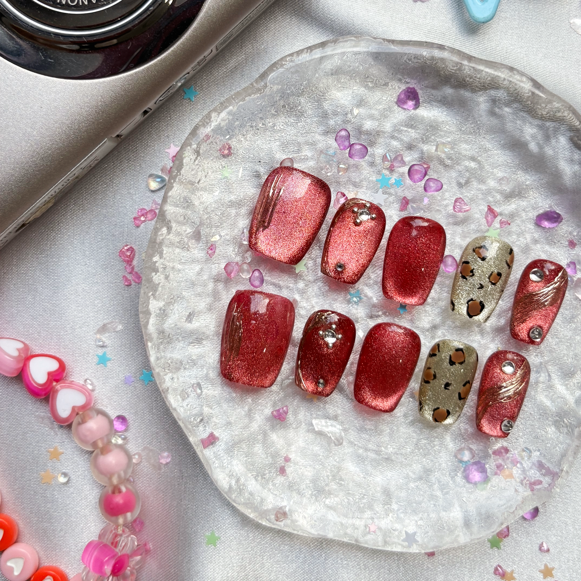 Custom Press-On Nails – Red Glitter with Leopard Print & Rhinestone Accents | Wynzy Pops Nails