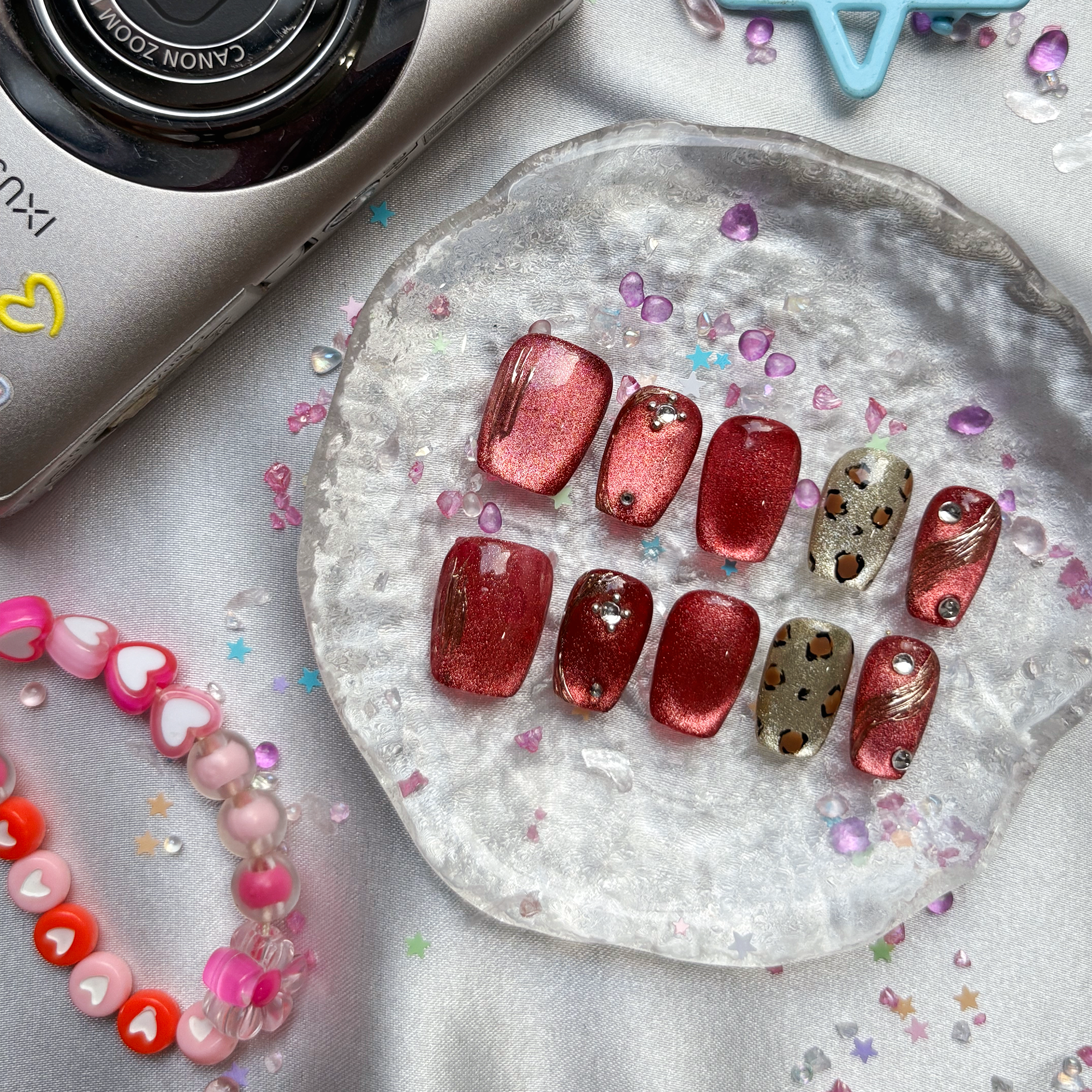 Custom Press-On Nails – Red Glitter with Leopard Print & Rhinestone Accents | Wynzy Pops Nails
