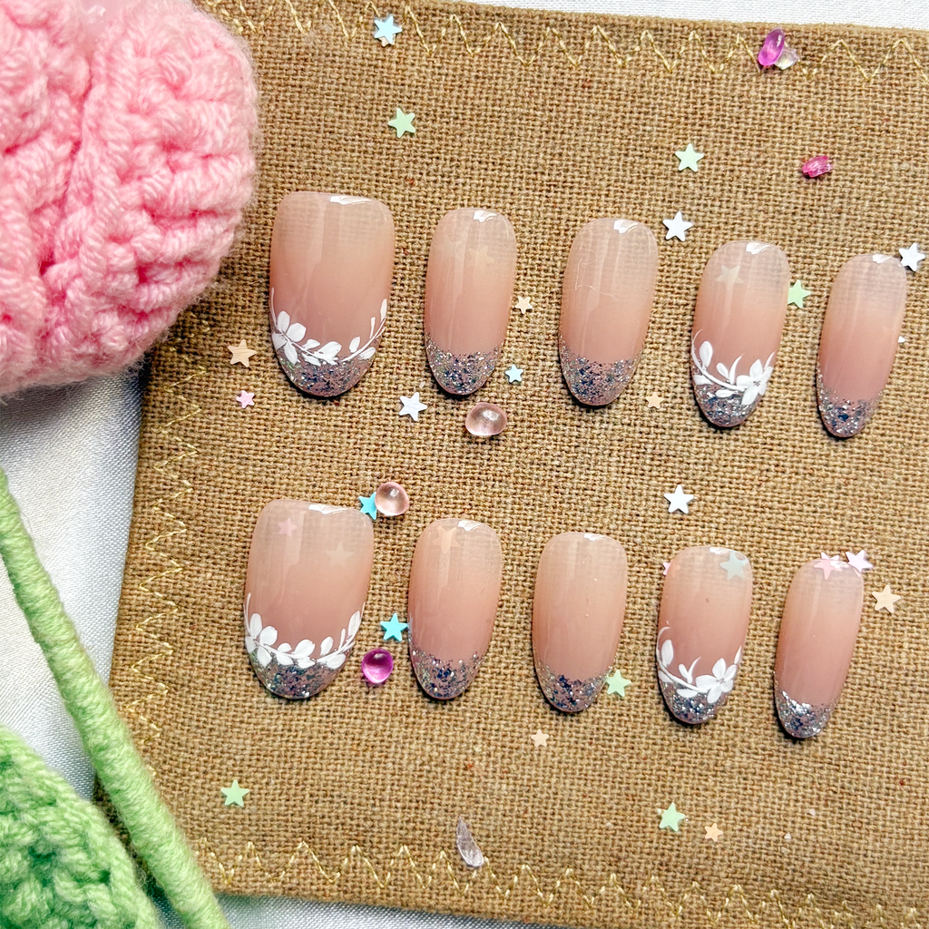 Custom Press-On Nails – Almond Pink Ombré with White Floral Glitter French Tips | Personalized Elegant Nail Art | Wynzy Pops Nails