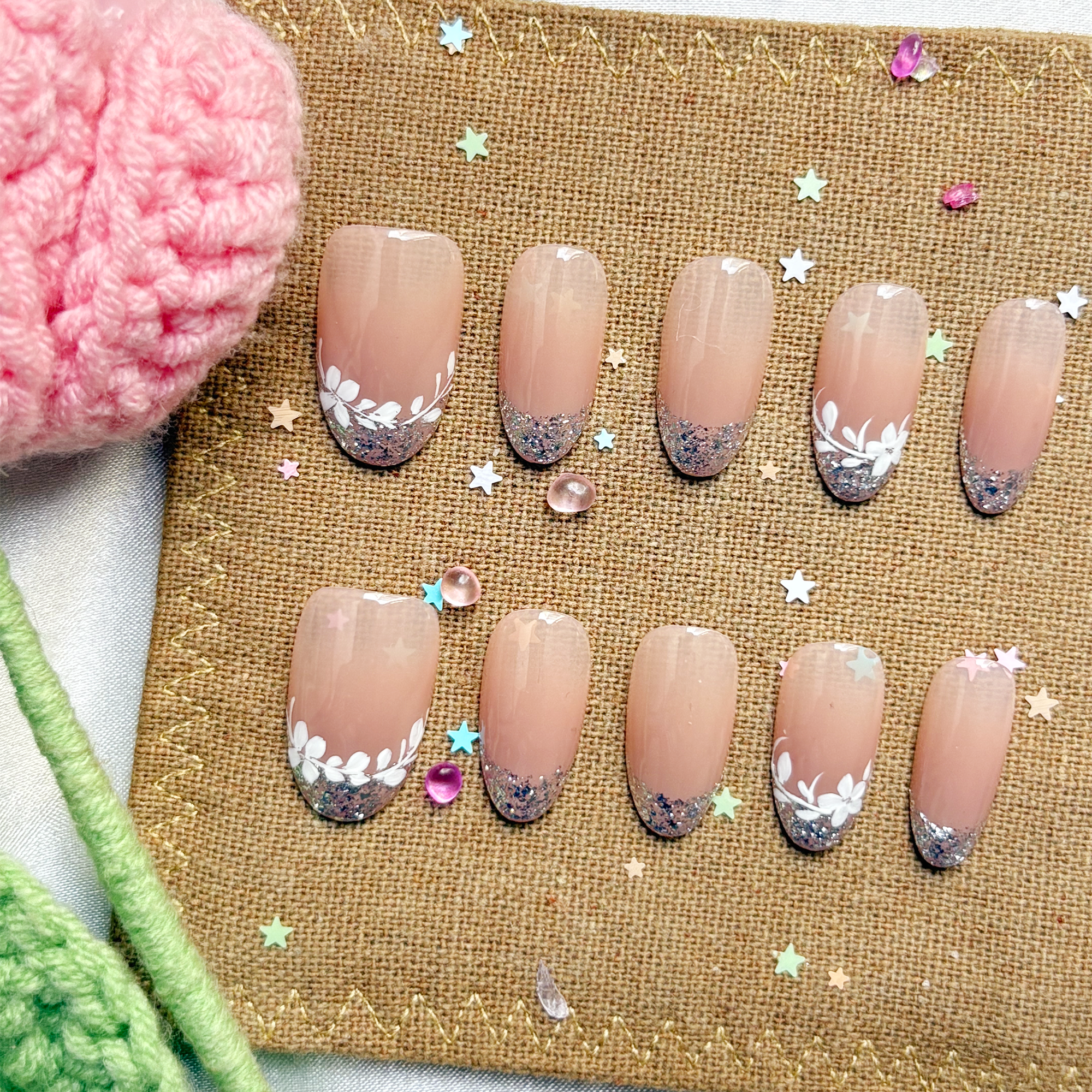Custom Press-On Nails – Almond Pink Ombré with White Floral Glitter French Tips | Personalized Elegant Nail Art | Wynzy Pops Nails