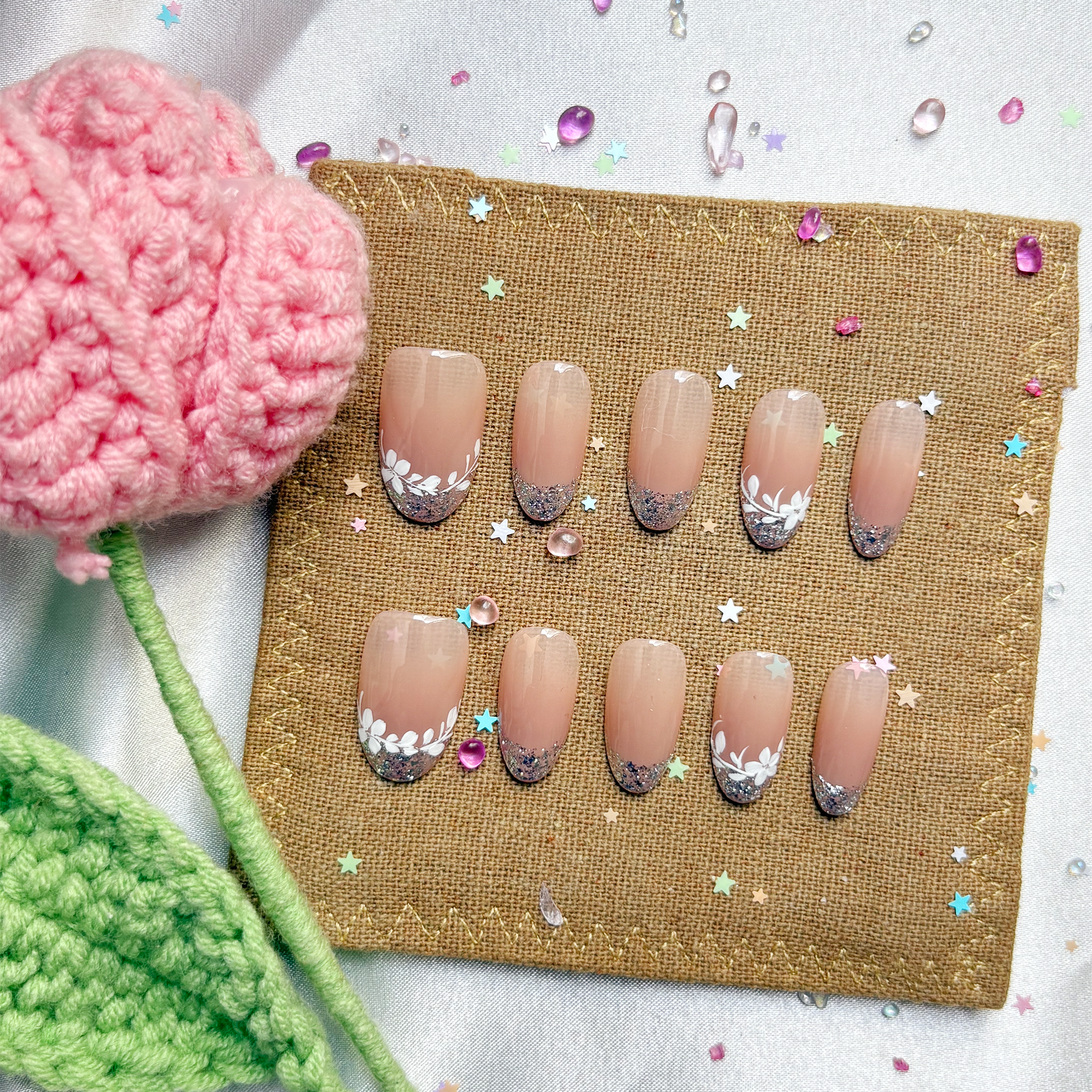 Custom Press-On Nails – Almond Pink Ombré with White Floral Glitter French Tips | Personalized Elegant Nail Art | Wynzy Pops Nails