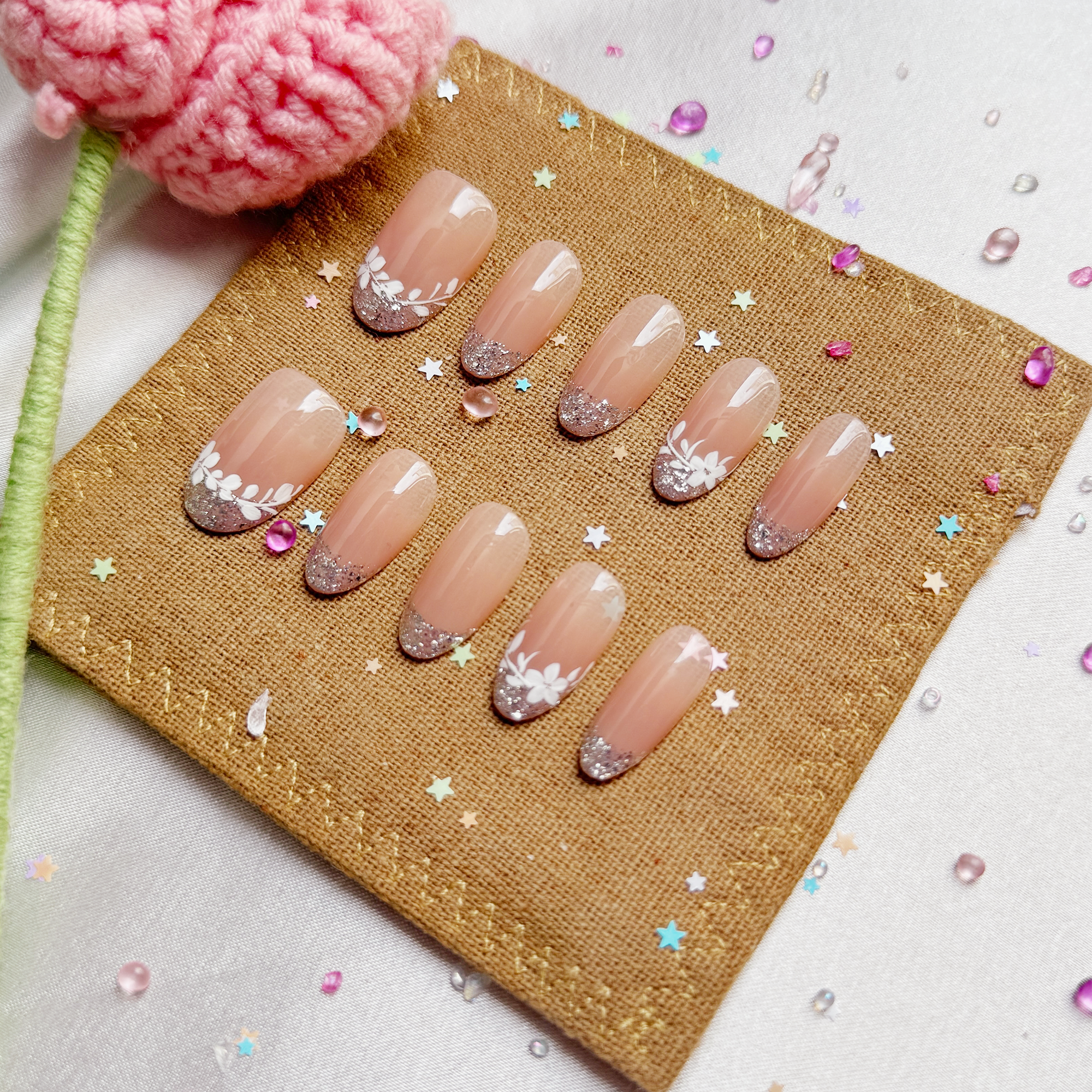 Custom Press-On Nails – Almond Pink Ombré with White Floral Glitter French Tips | Personalized Elegant Nail Art | Wynzy Pops Nails