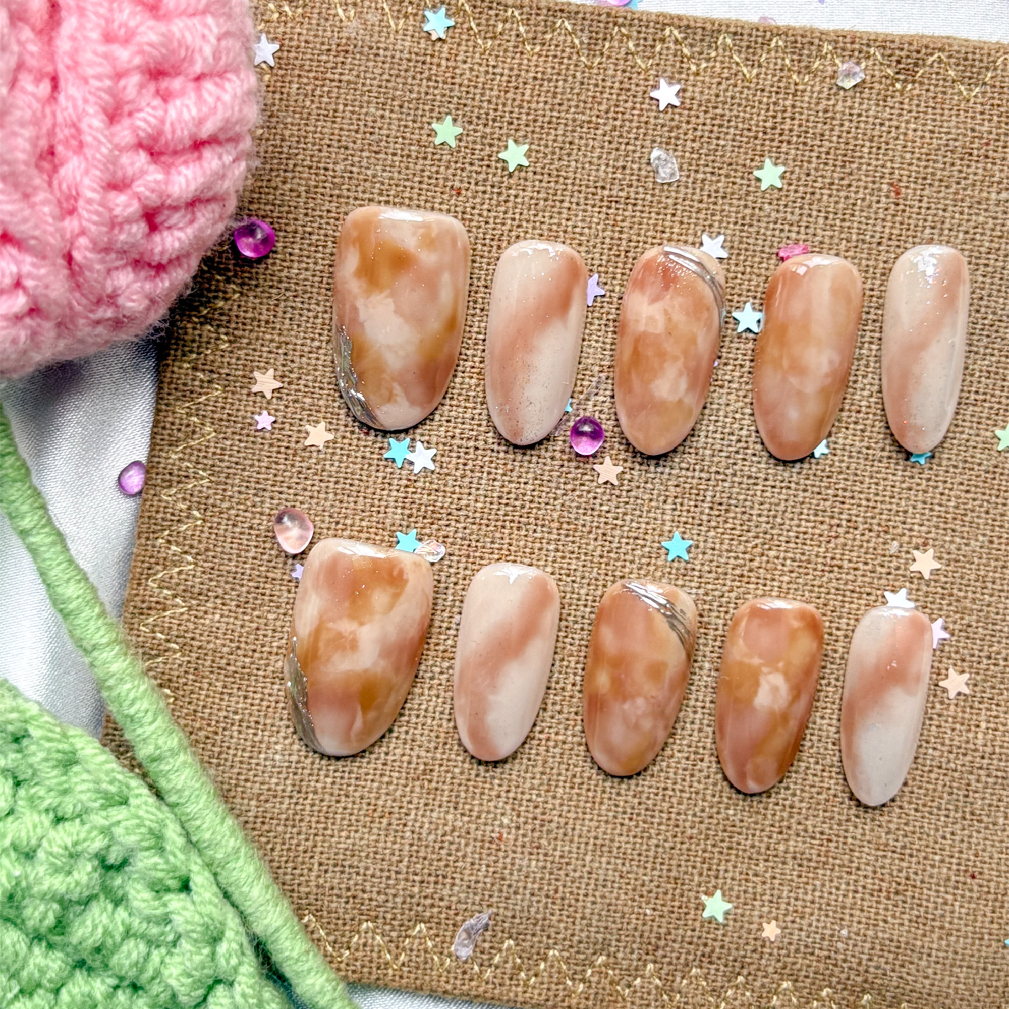 Personalized Brown Marble Press On Nails | Luxury Glossy Amber Swirl Nail Art | Handmade Custom Nails