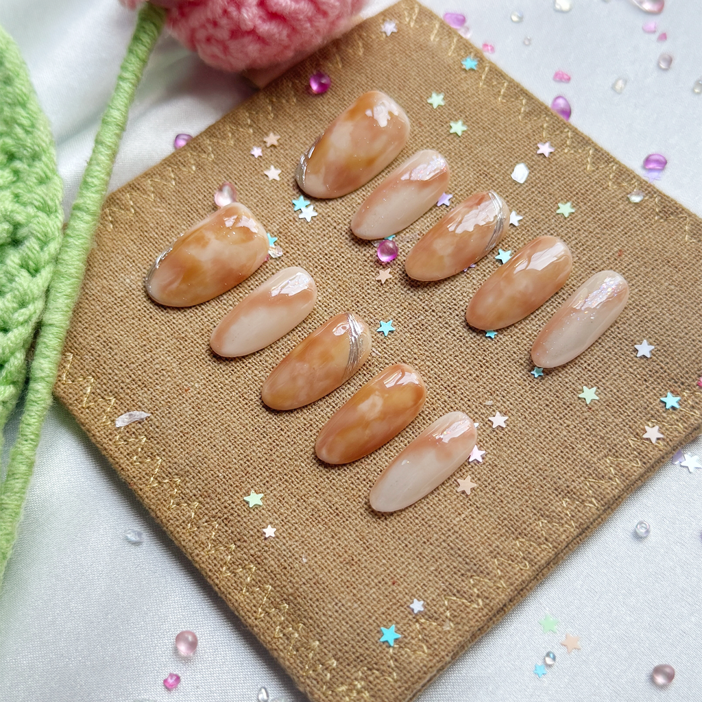 Personalized Brown Marble Press On Nails | Luxury Glossy Amber Swirl Nail Art | Handmade Custom Nails