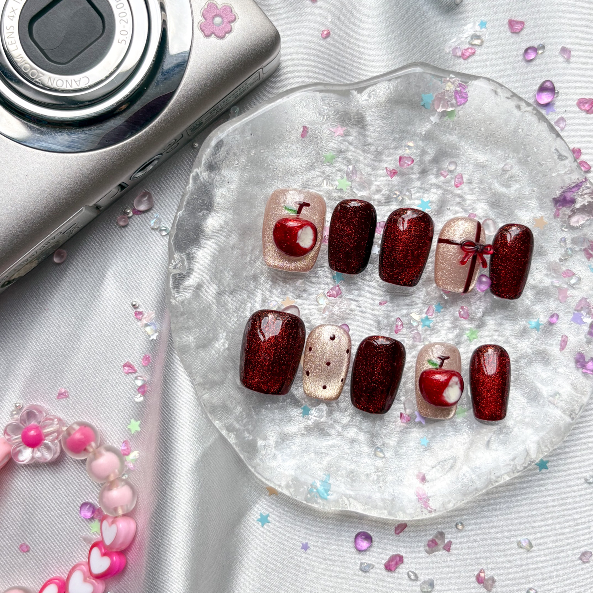 Custom Press-On Nails – Red Cat Eye with Apple & Bow Accents | Wynzy Pops Nails
