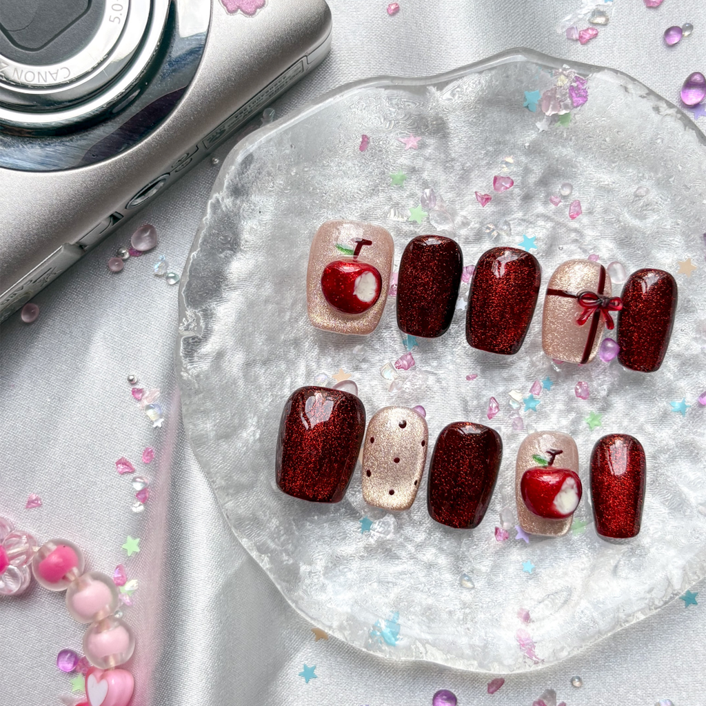 Custom Press-On Nails – Red Cat Eye with Apple & Bow Accents | Wynzy Pops Nails