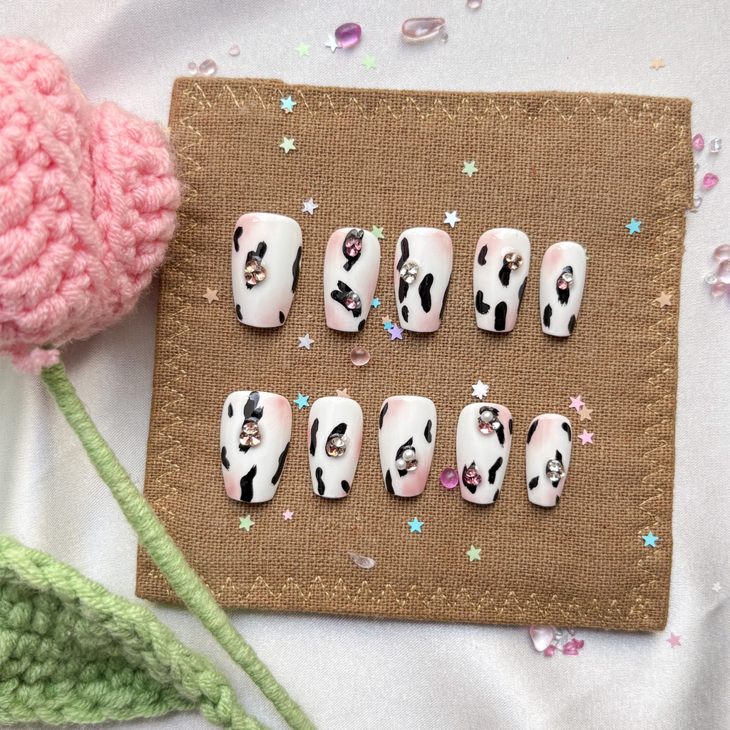 Personalized Cow Print Coffin Press On Nails | Rhinestone Accent | Handmade Custom Nail Art